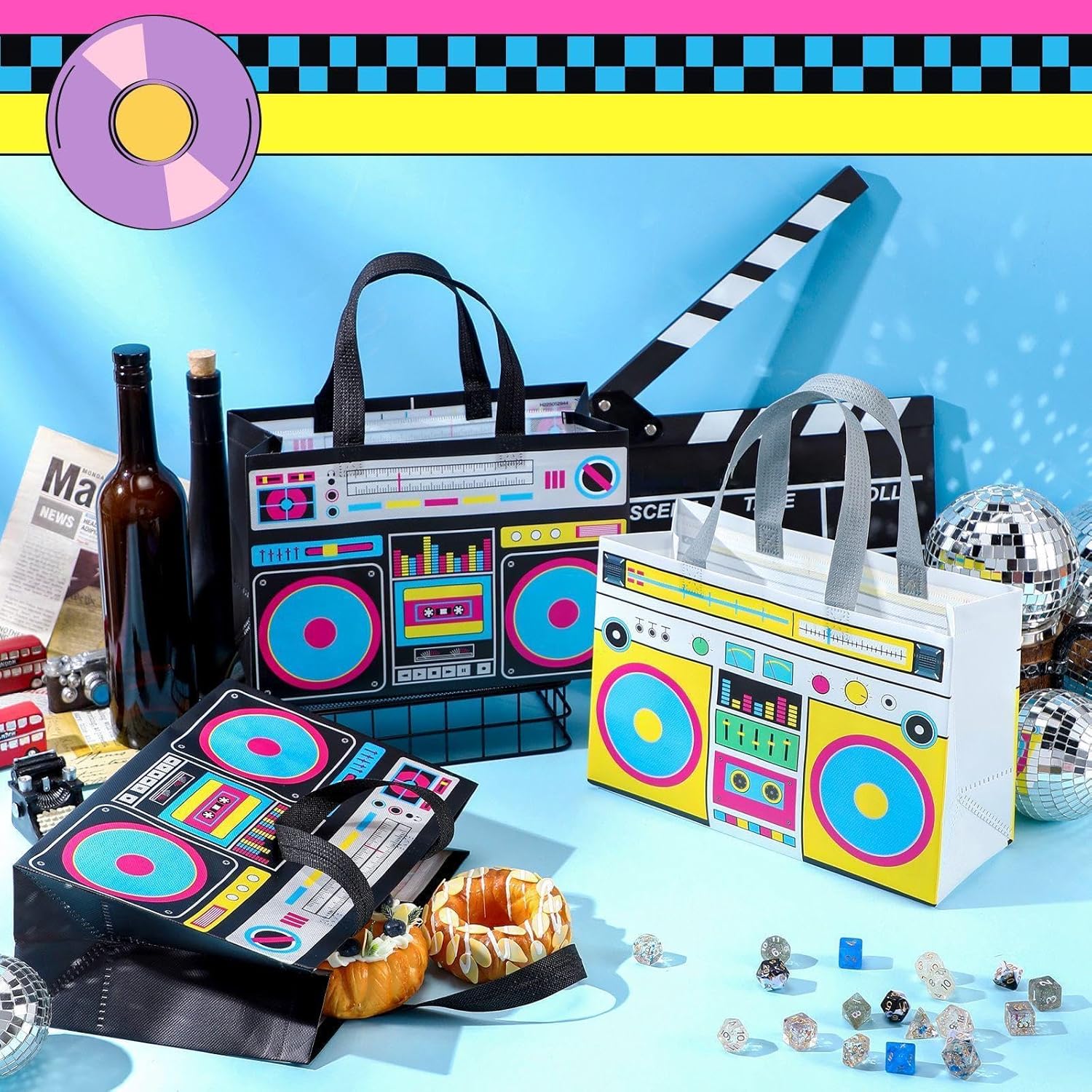 12 Pcs 80s90s Party Favor Bags Non Woven Retro Radio Grocery Bags for Hip Hop Birthday Disco Rock Party (Black,Yellow)