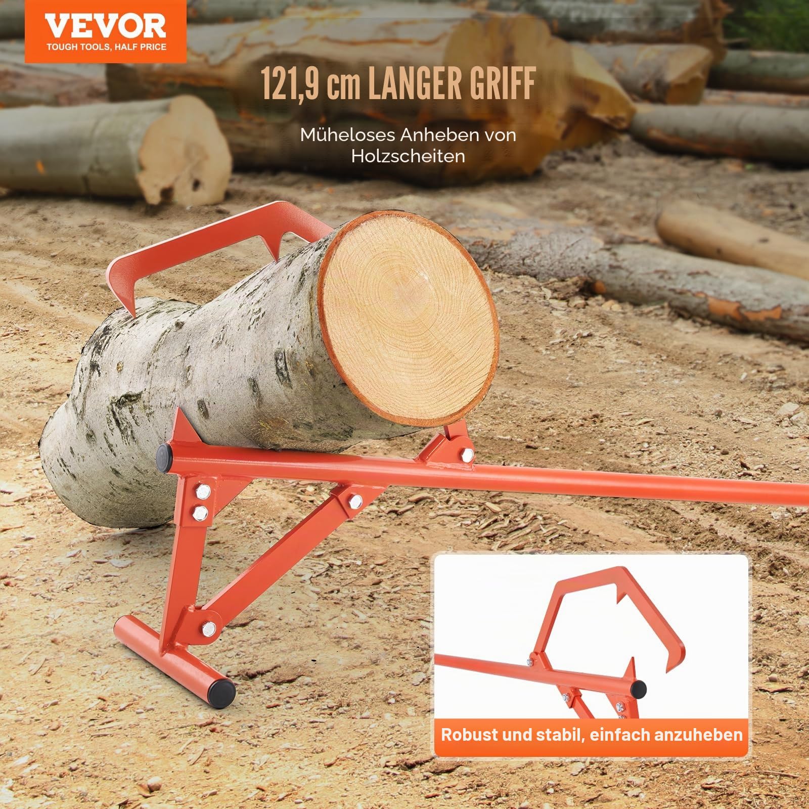 VEVOR Fällheber, 1219 mm, robuster Stammheber aus Stahl, Holzheber mit verstellbarem Wendehaken, Forsthaken für Holzstämme bis zu φ 63,5 cm, Fällhilfe zum Rollen, Schneiden & Anheben von Holzstämmen