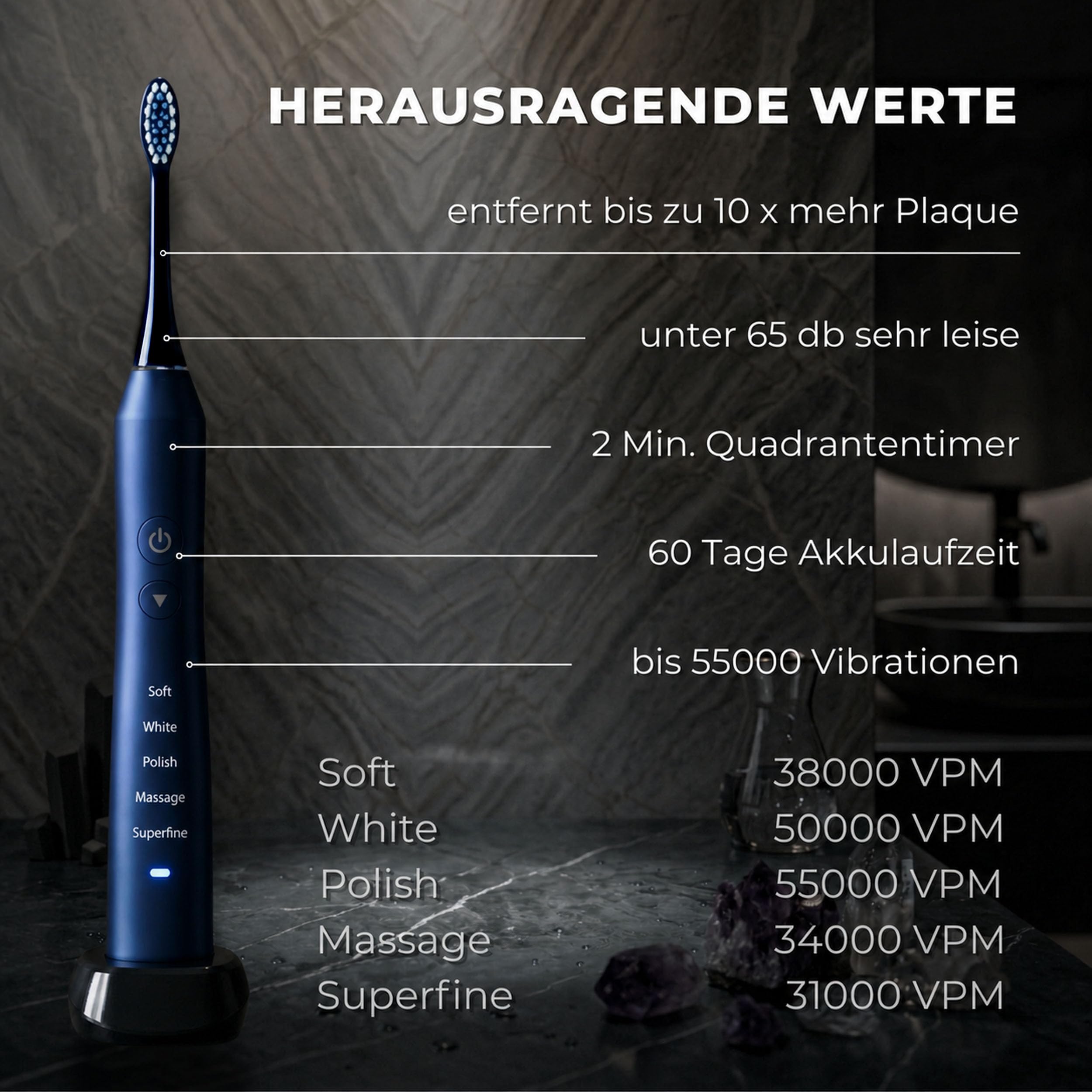 Elektrische Schallzahnbürste 55.000 VPM, 5 Modi, risikofrei 100 Tage testen | Tristan Auron Business Class in blau, Beste Reisezahnbürste, IPX7 Wasserdicht, 60 Tage Akku, UV-Reiseetui, 2 Ersatzbürsten