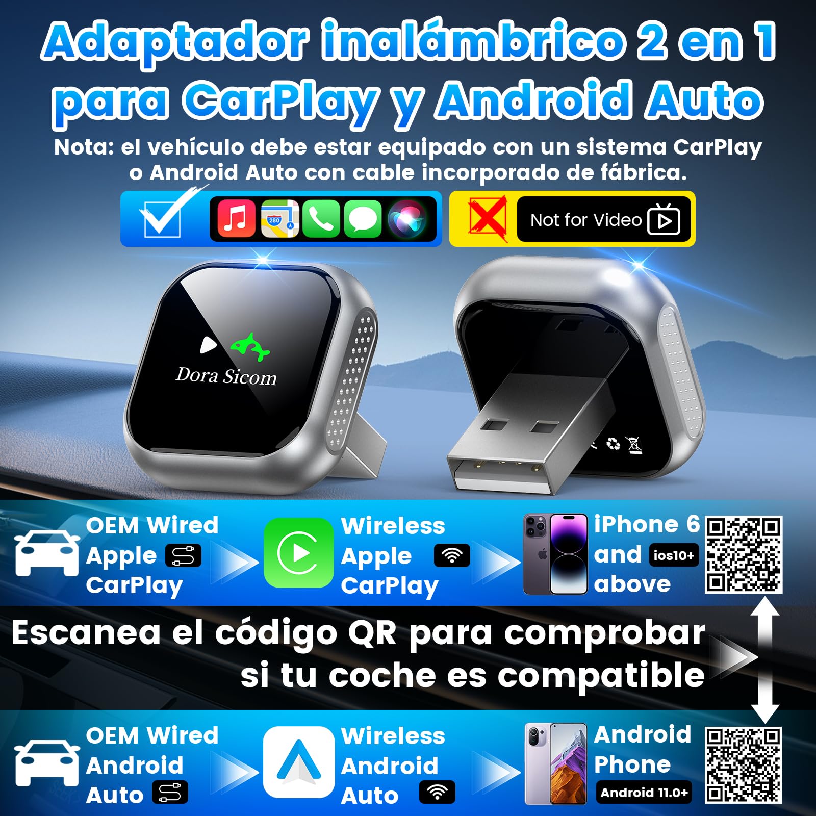 Dora Sicom Adaptador CarPlay Inalámbrico y Android Auto 2 en 1, USB Wireless para Apple Car Play en Coche, 5GHz WiFi Bluetooth 5.3, Conexión Automática y Estable para Vehículos de Fábrica