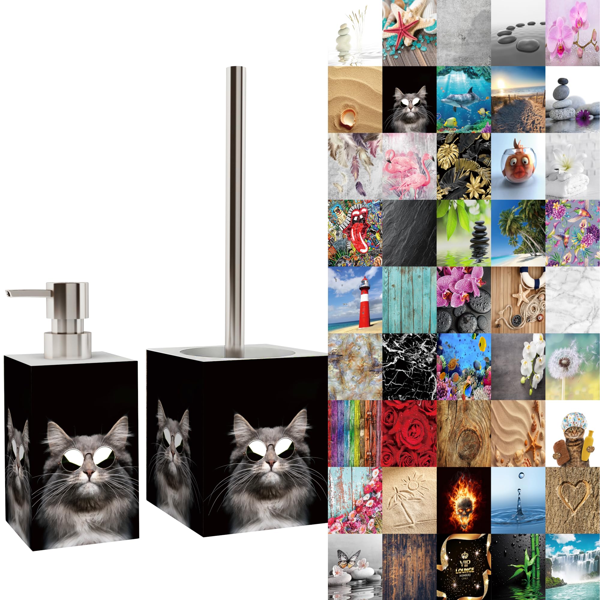 Premium Bathroom Set | Great Range | Soap Dispenser and Toilet Brush | Beautiful designs surface (Cool Cat)