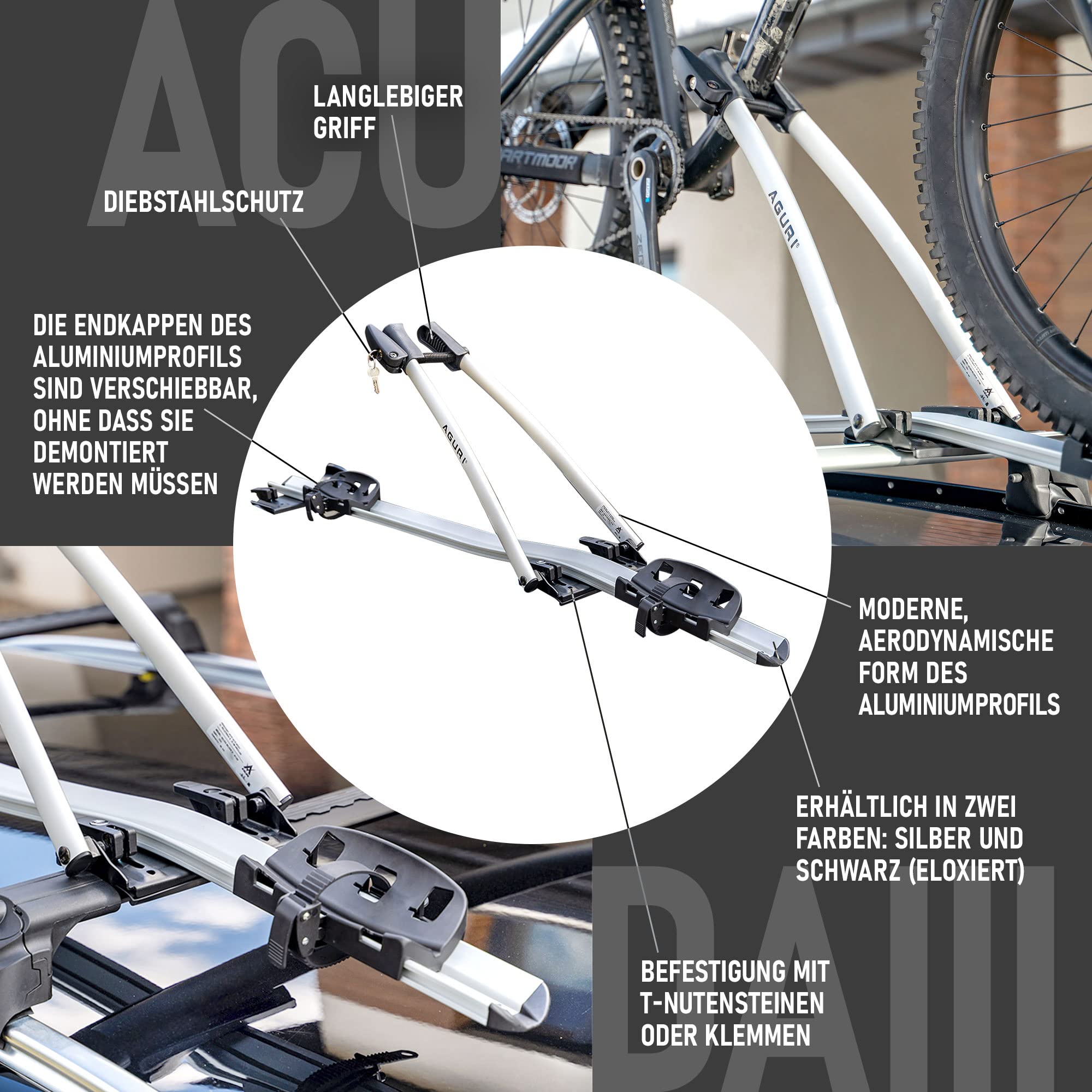 AGURI ACUDA III | Fahrradträger, Fahrrad Dachträger, Universeller Fahrradhalter fürs Autodach | Abschließbar | Belastbarkeit bis 20 kg | Leichte und robuste Konstruktion aus Aluminium | TÜV