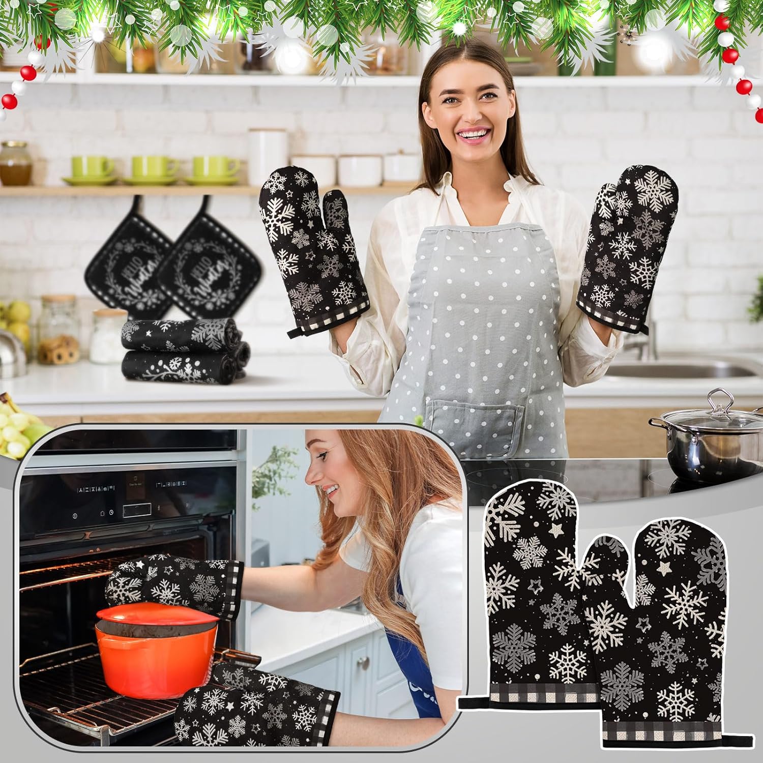 Fanfanwin 10 Pcs Winter Kitchen Decor Snowman Kitchen Rugs and Towels Oven Mitts Pot Holders Set Absorbent Towels for Baking Cooking BBQ Gifts Decor