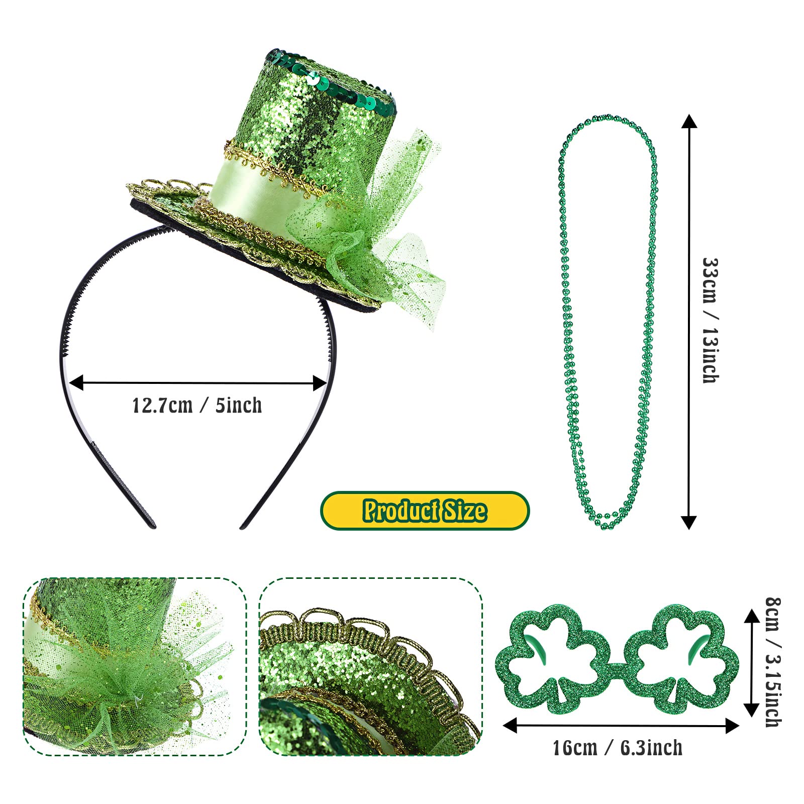 Hicarer 7 Pcs St Patrick's Day Costume Accessories for Women Include Shamrock Tutu Skirt Hat Headband Beaded Necklace Glasses