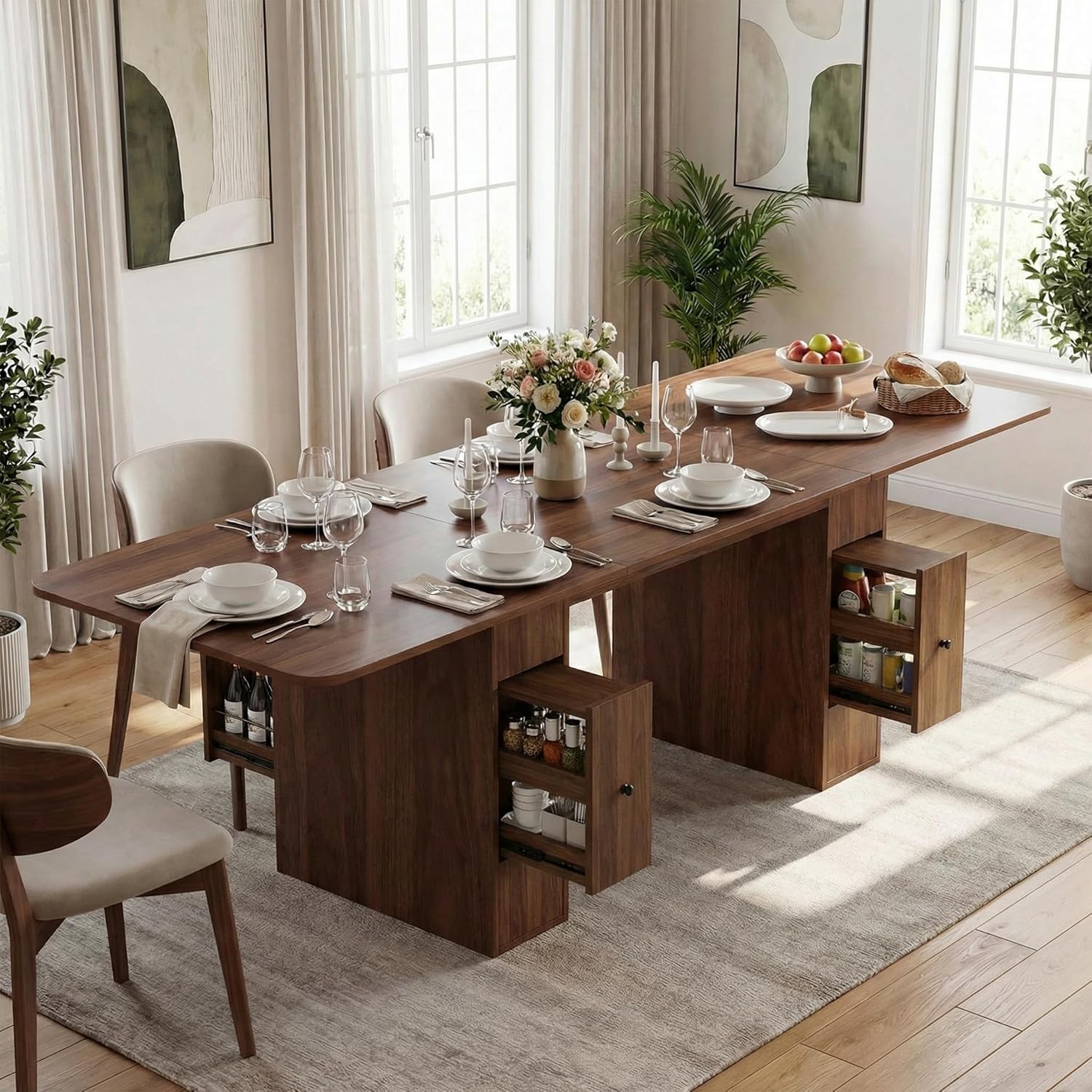 Extendable Dining Table for 6-10 People, 63" to 79" Modern Farmhouse Rectangular Kitchen Table with 4 Drawers, Space-Saving Dining Room Table with Removable Leaf for Living Room Home Office (Walnut)