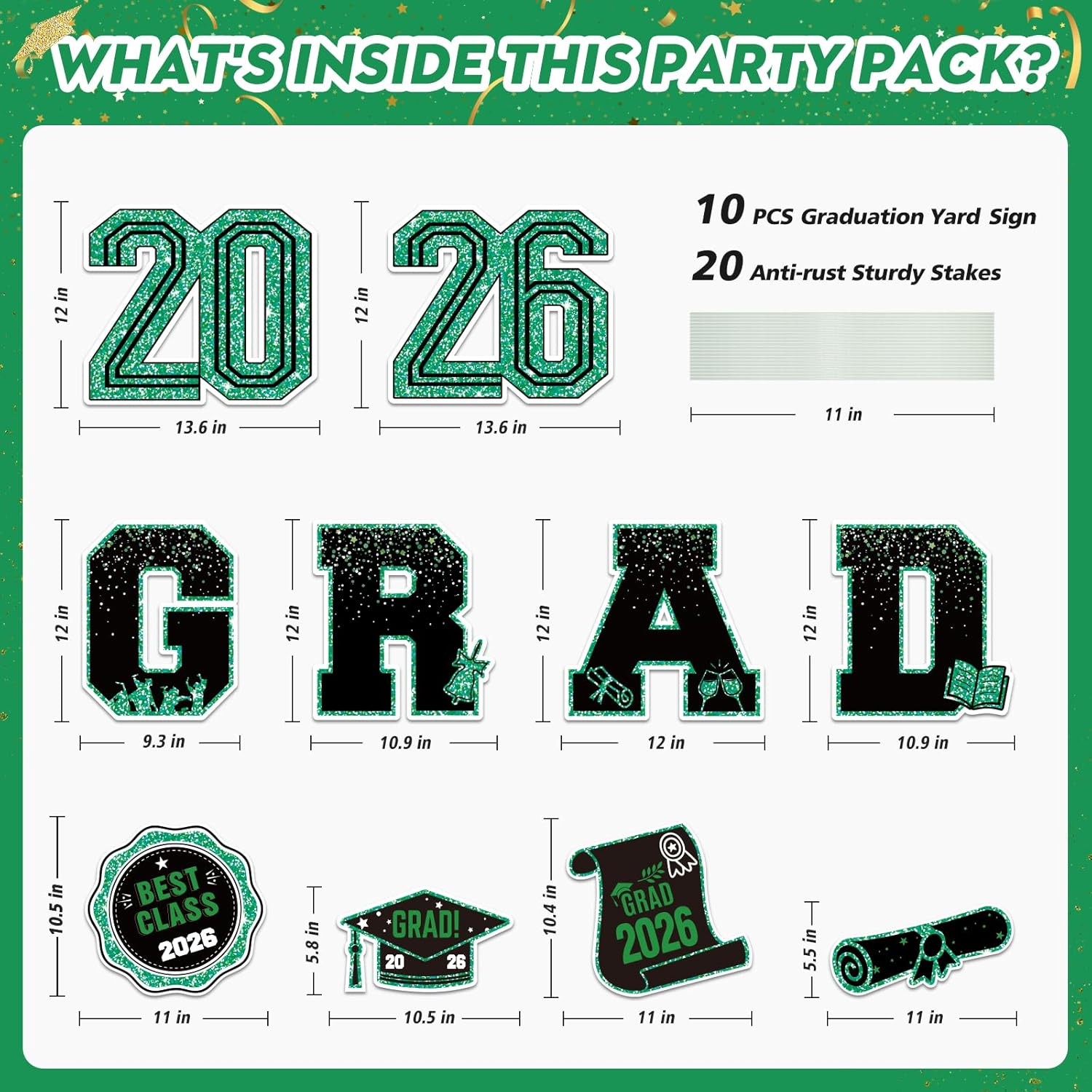 2026 Graduation Decorations Yard Signs – 10PCS Green Congrats Grad Lawn Decorations with Stakes, Graduation Party Supplies, Large Outdoor Graduation Party Decor for High School & College