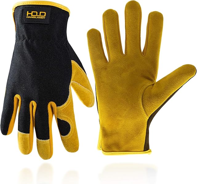 General Utility Work Gloves, Men Women Leather Gardening Gloves, Cowhide Palm Mechanic Driver Construction Rigger Gloves (Large, Yellow)