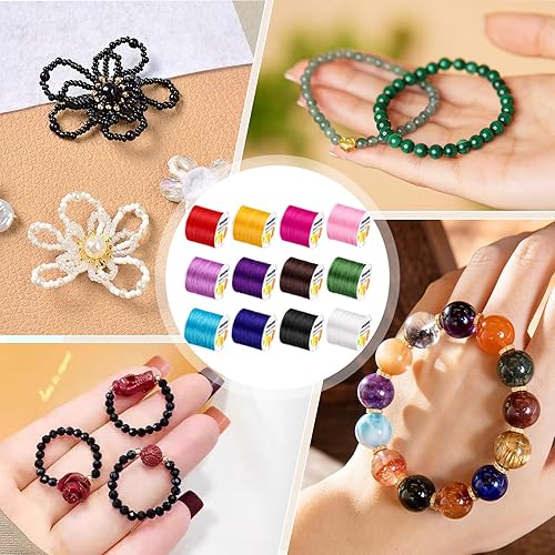 Miniatura 6 de PAXCOO 12 rollos de cuerda elástica para pulseras, cuerda elástica mágica, hilo de joyería para pulseras, collares, cuentas de arcilla, cuentas de