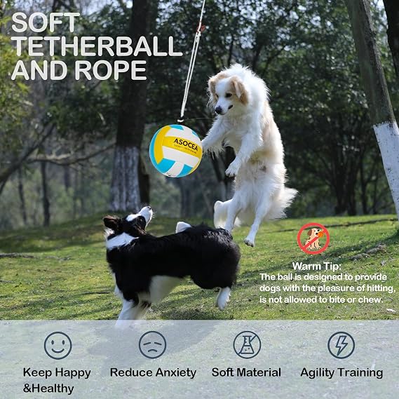 ASOCEA Soft Tetherball and Rope,Outdoor Backyard Toy for Large Medium Small Dogs Kids and Adults,Includes Carabiner & Pump,Compatible with All Tetherball Poles