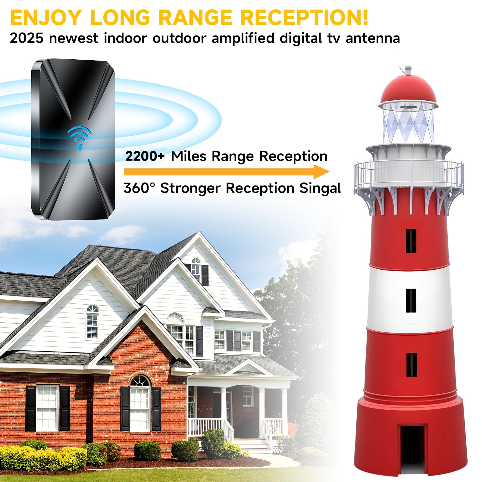 2025 Upgraded TV Antenna Indoor, 2200+ Miles Range Digital Antenna for Smart TV Indoor, HDTV Antenna for Local Channels with Amplifier, Outdoor Antenna Support 8K 4K 1080p All TVs -38FT Coax Cable