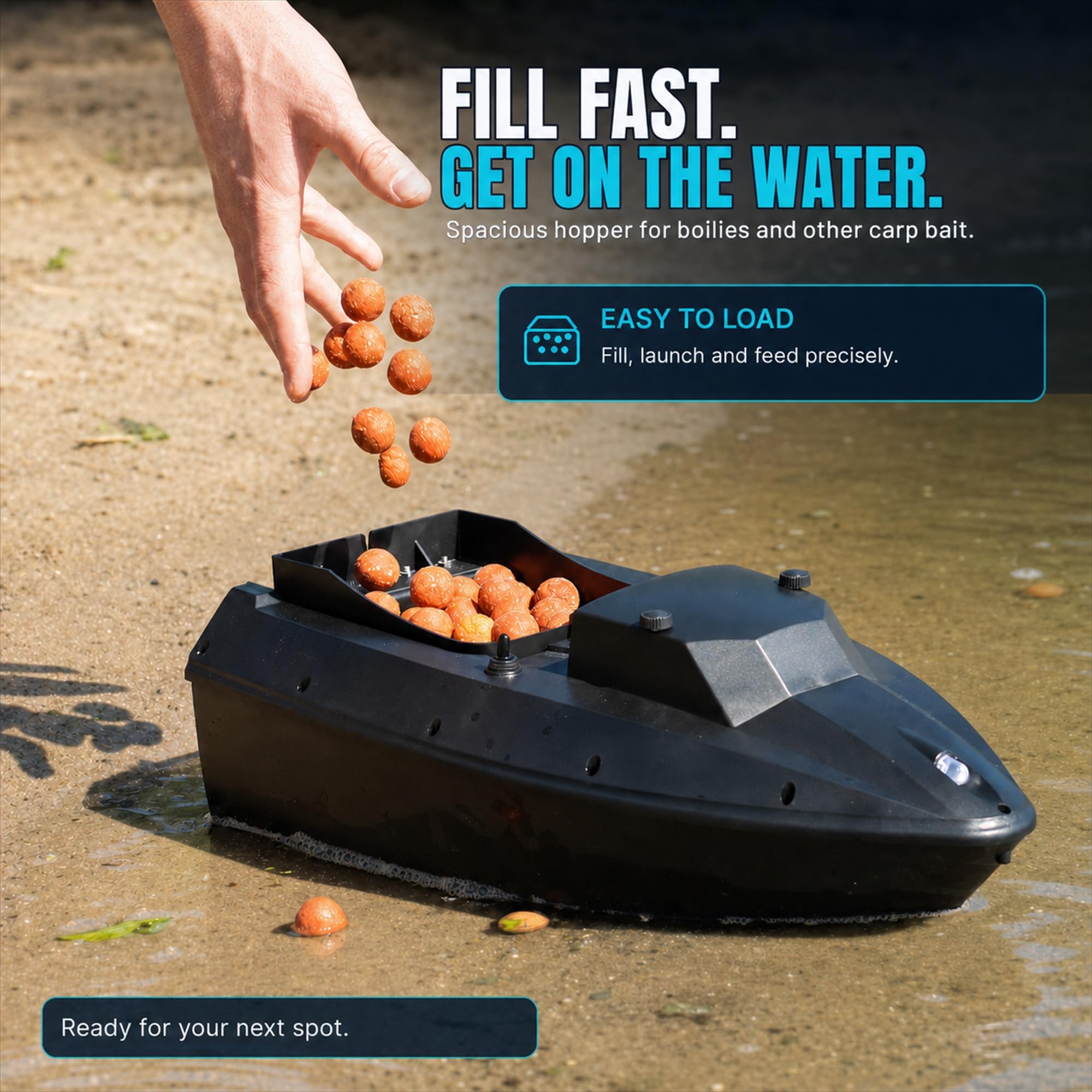 barca pasturatrice, barca con esca per la pesca alla carpa – Nuovo modello con Cruise Control, Capacità di carico 1,5 kg, portata 500 m, Tempo di navigazione 3 ore, illuminazione a LED