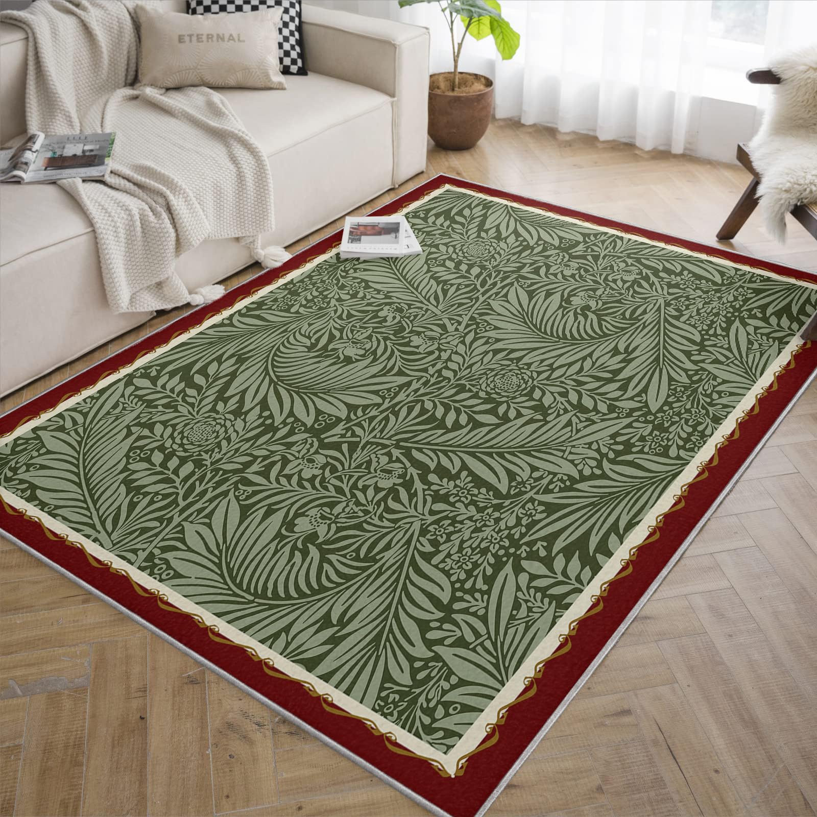 Dywaniki o wymiarach 120 x 160 cm, zmywalny, antypoślizgowy dywan, vintage, botaniczny liść, kwiaty, niskie runo, dywan do wnętrz, do salonu, jadalni, tradycyjny, oliwkowozielone liście