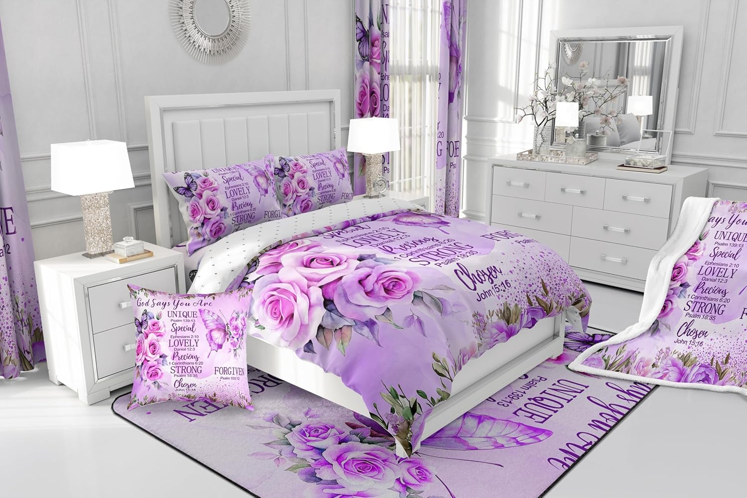 Erosebridal Purple Butterfly Queen Bedding Sets Boho Girly Lavender Floral Comforter for Girls Kids Women Inspirational Quotes Duvet Insert Bible Verse Colorful Bohemian Rose Flower Bed Sets