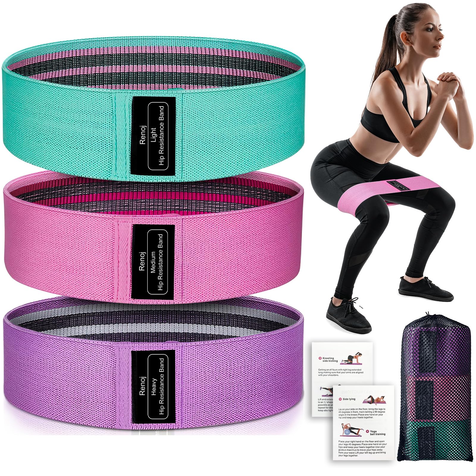 Renoj Resistance Bands, Yoga Starter Sets for Women and Men, 3 Set of Stretch Exercise Workout Bands for Booty Legs, Elastic Pilates FlexbandsRenoj Resistance Bands, Yoga Starter Sets for Wo…