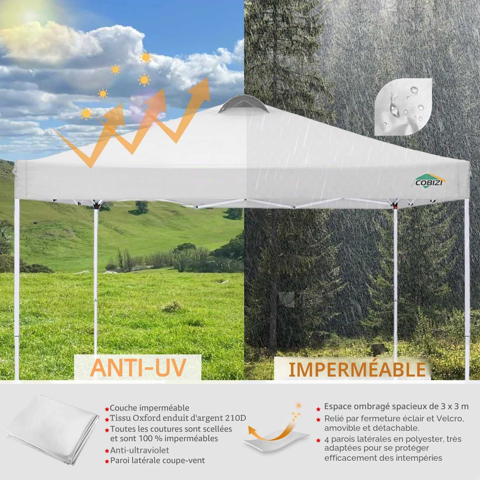 COBIZI Tonnelle de Jardin 3x3m Pliante Imperméable avec 4 Côtés Amovibles