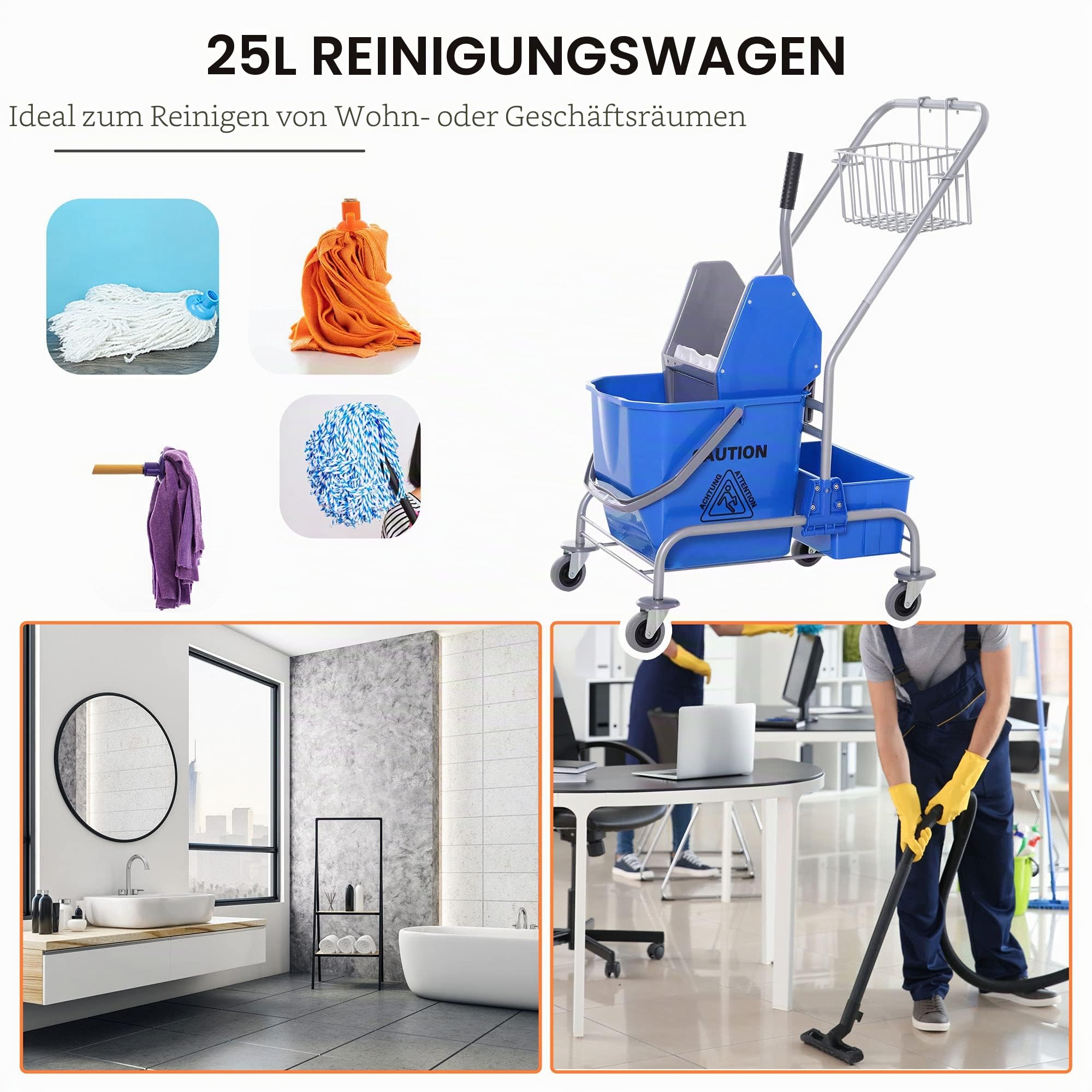 HOMCOM Putzwagen Reinigungswagen Fahreimer Putzeimer 25 Liter Wischwagen mit Wringer, Haken für Mopp Haushaltswagen mit 4 Rollen Blau