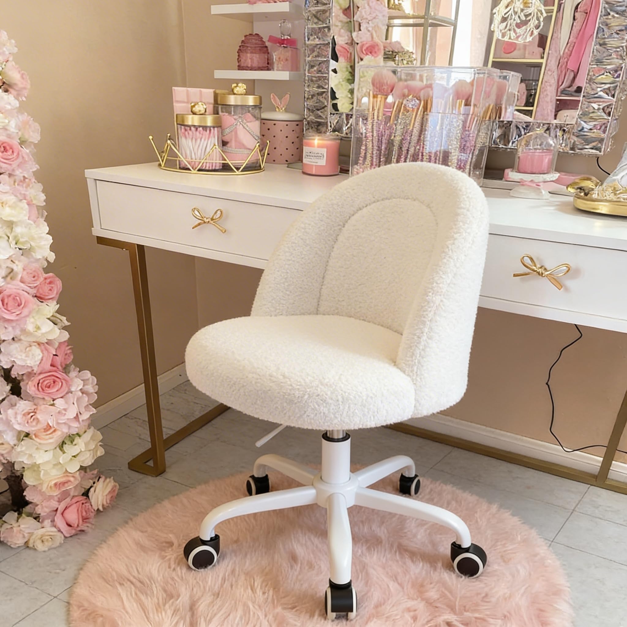 DurayLoly White Vanity Chair with Wheels