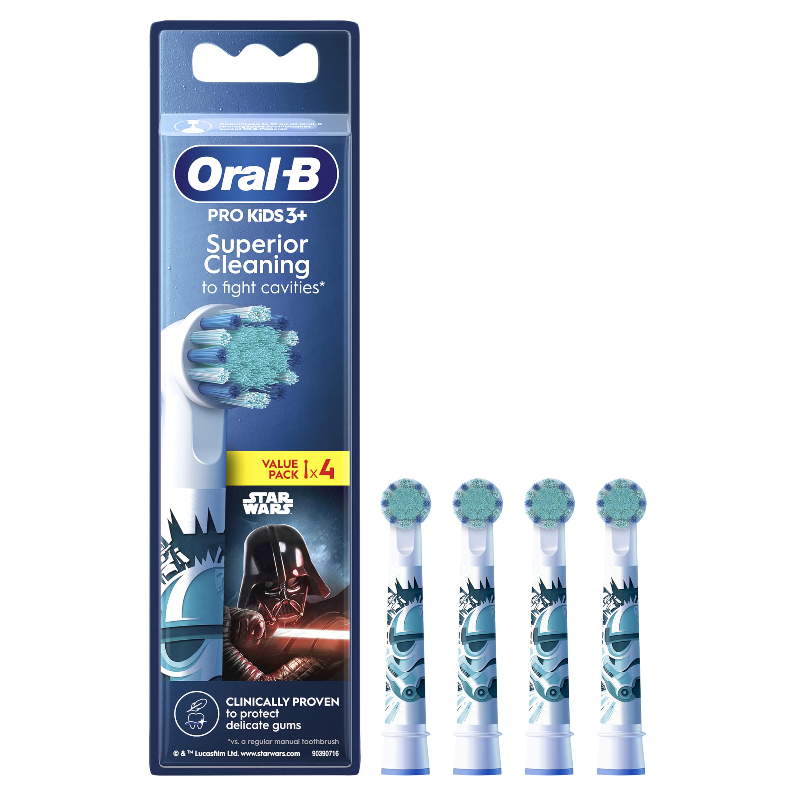 Oral-B ORIGINAL Kids Rechargeable Electric Toothbrush Soft Replacement Brush Heads [10X POWERFUL THAN COMPATIBLE PRODUCTS], Star Wars Characters, 4 Refills, Deep clean between teeth