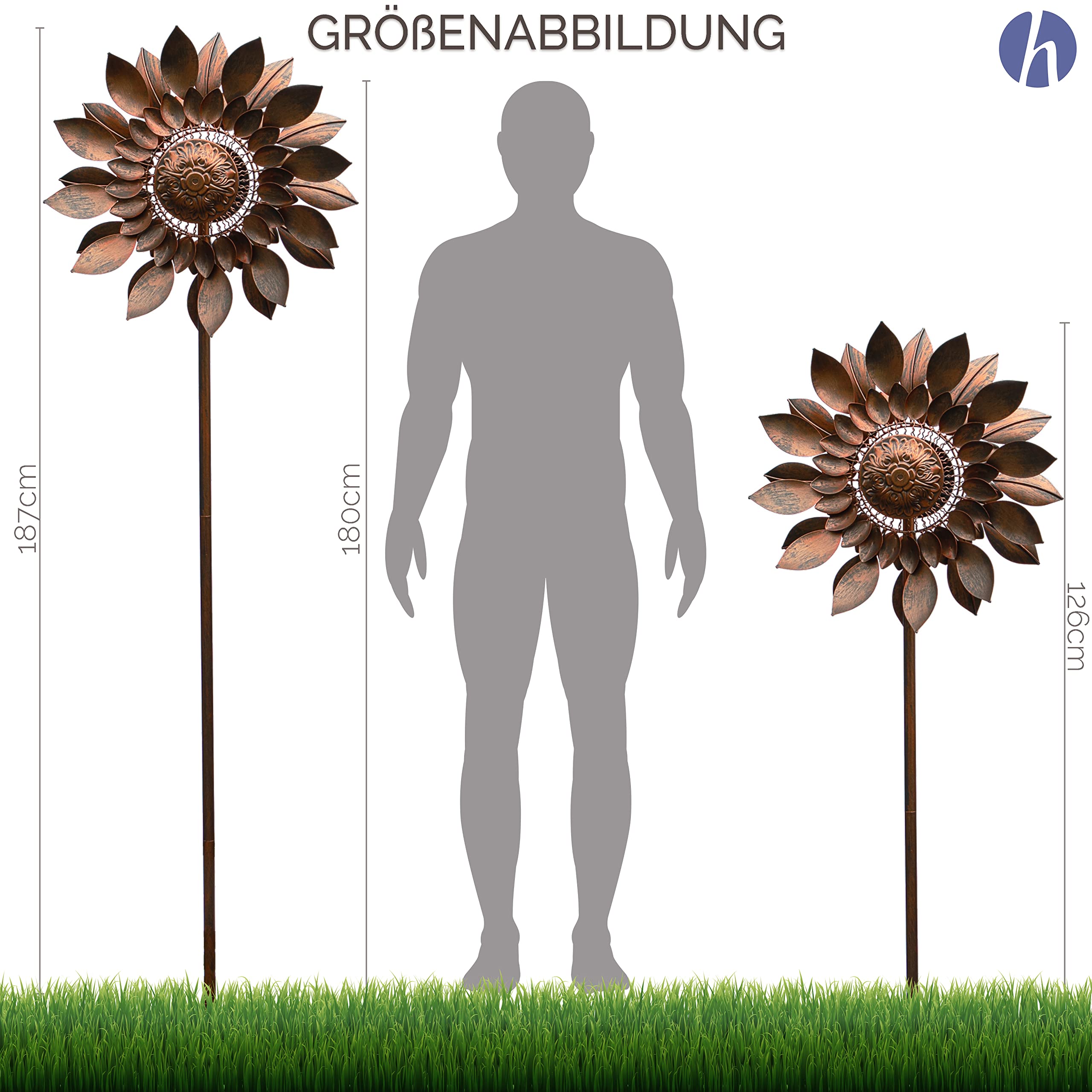 Windrad Windkamille 3D Optik Ø61cm. Windspiel für den Garten aus Metall. Windmühle mit Höhenverstellung dekorativ einzigartiger Blickfänger, wetterfest & UV-beständig Deko in Kupfer H: 187cm.