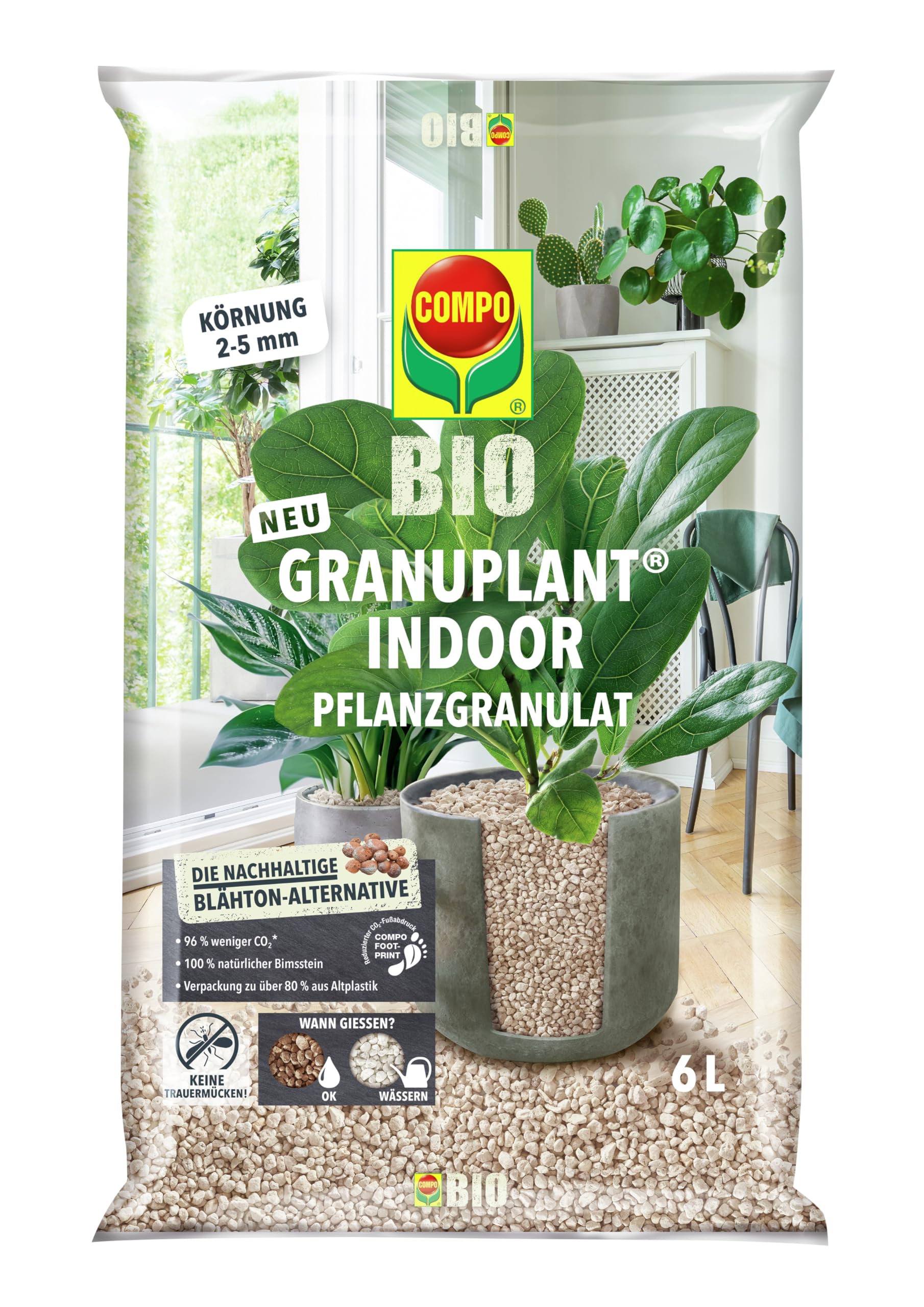 COMPO Gránulos orgánicos para Plantas de Interior – 100% Natural de Piedra pómez – Grano de 2 – 5 mm – 6 L