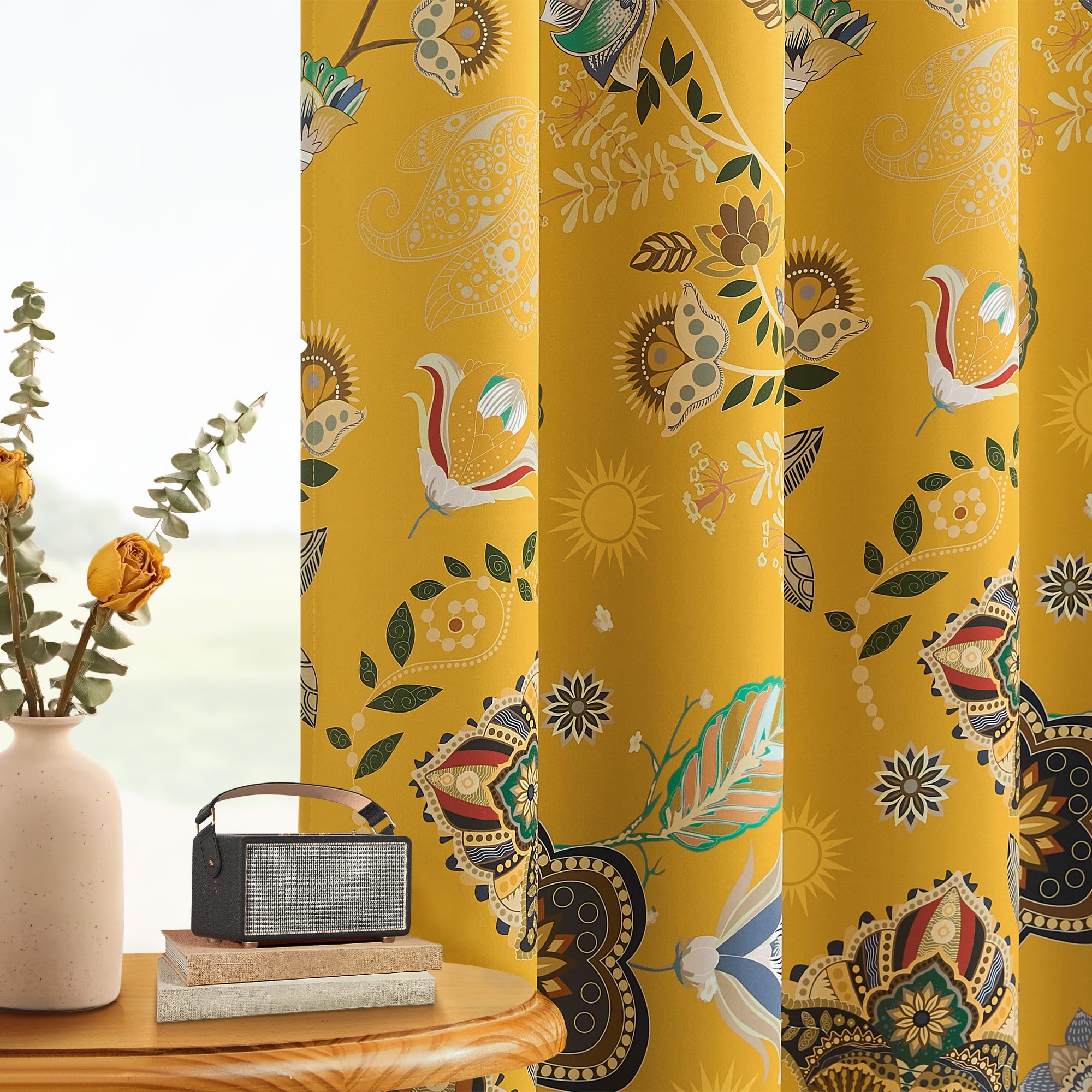 XiDi Rideaux Occultants Imprimés,Rideaux de Chambre à Fleurs Jaunes Vintage, Style Œillets, Adaptés Aux Chambres et Aux Salons, 132x214 CM 2 Panneaux