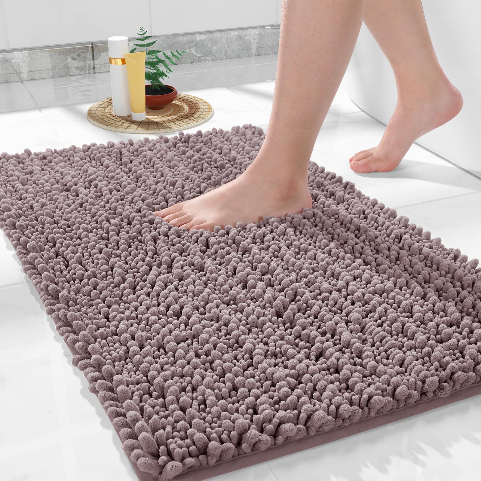Yimobra Original Luxury Chenille Bath Mat, 36.2 x 24 Inches, Soft Shaggy and Comfortable, Large Size, Super Absorbent and Thick, Non-Slip, Machine Washable, Perfect for Bathroom, Mauve