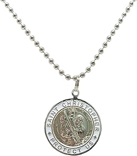 Baja Billys Ocean Creations St. Christopher Surf Necklace, Large Pendant, Silvertone with White Rim, 23 Inch Ball Chain