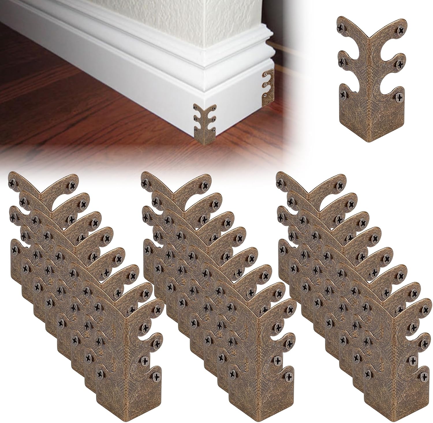 NICENEEDED 24 PCS Solid Brass Baseboard Corner Protectors, Vintage Metal Skiffers Skirting, Table Corner Edge Cover Safety Bracket with Screws, Decorative Protector Cover for Wood Cases