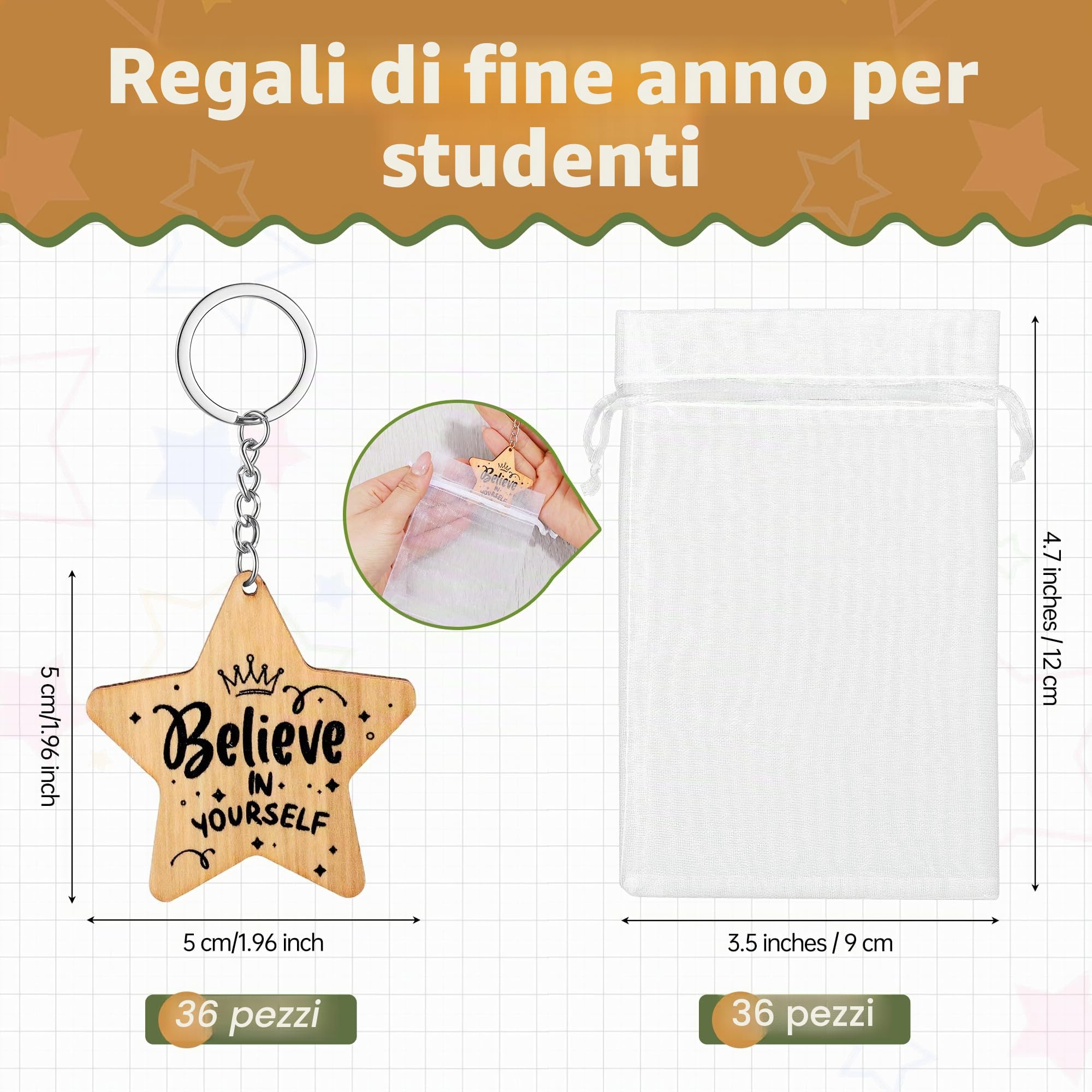 36 Pezzi Regali di Fine Anno per Studenti, Portachiavi a Stella per Lasciare la Scuola, Regali in Legno, Segno di Favore, Regalo dall'Insegnante allo Studente, Regalo Ispirazionale per Laurea