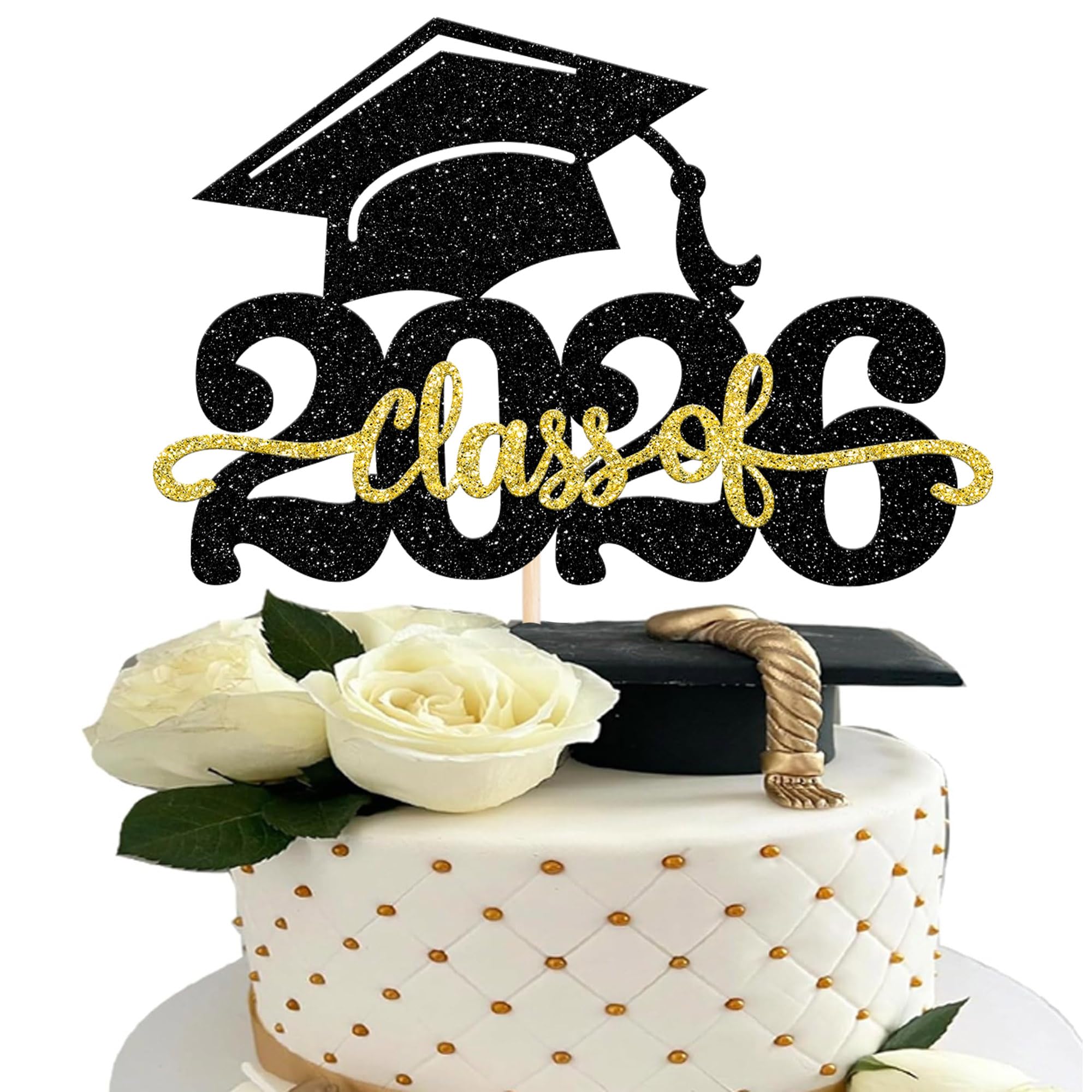 1 Pack Class of 2026 Cake Topper Glitter Congrats Grad Cap 2026 Graduation Cake Pick for 2026 Graduation Theme High School Graduate Party Cake Decorations Supplies