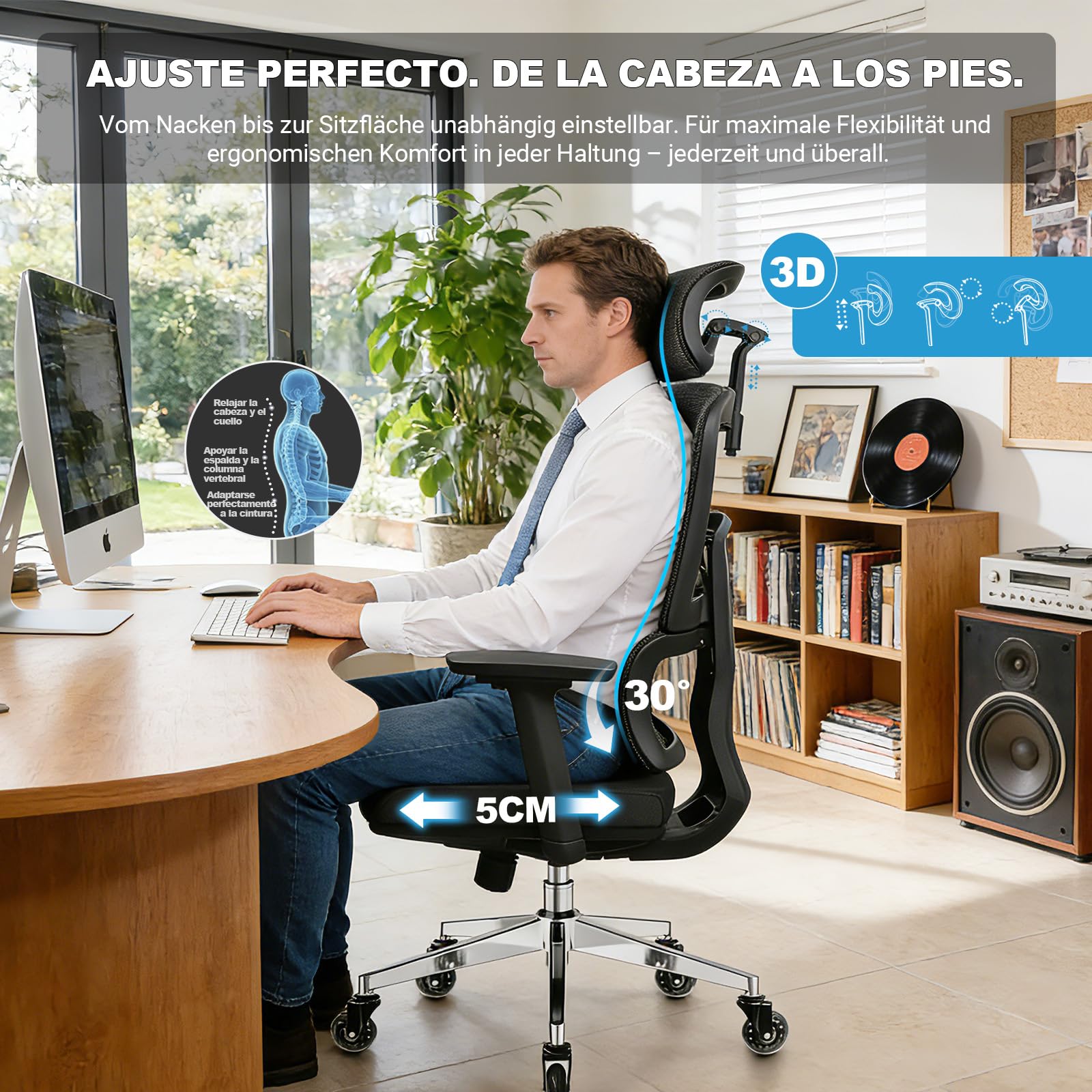 MELOKEA Silla de Oficina Ergonómica 200 kg | Respaldo Ajustable 6P | Reposabrazos 4D | Ruedas de Goma Silenciosas | Profundidad del Asiento Ajustable | Silla de Escritorio para Personas Grandes | Silla de escritorio para personas grandes con soporte lumba