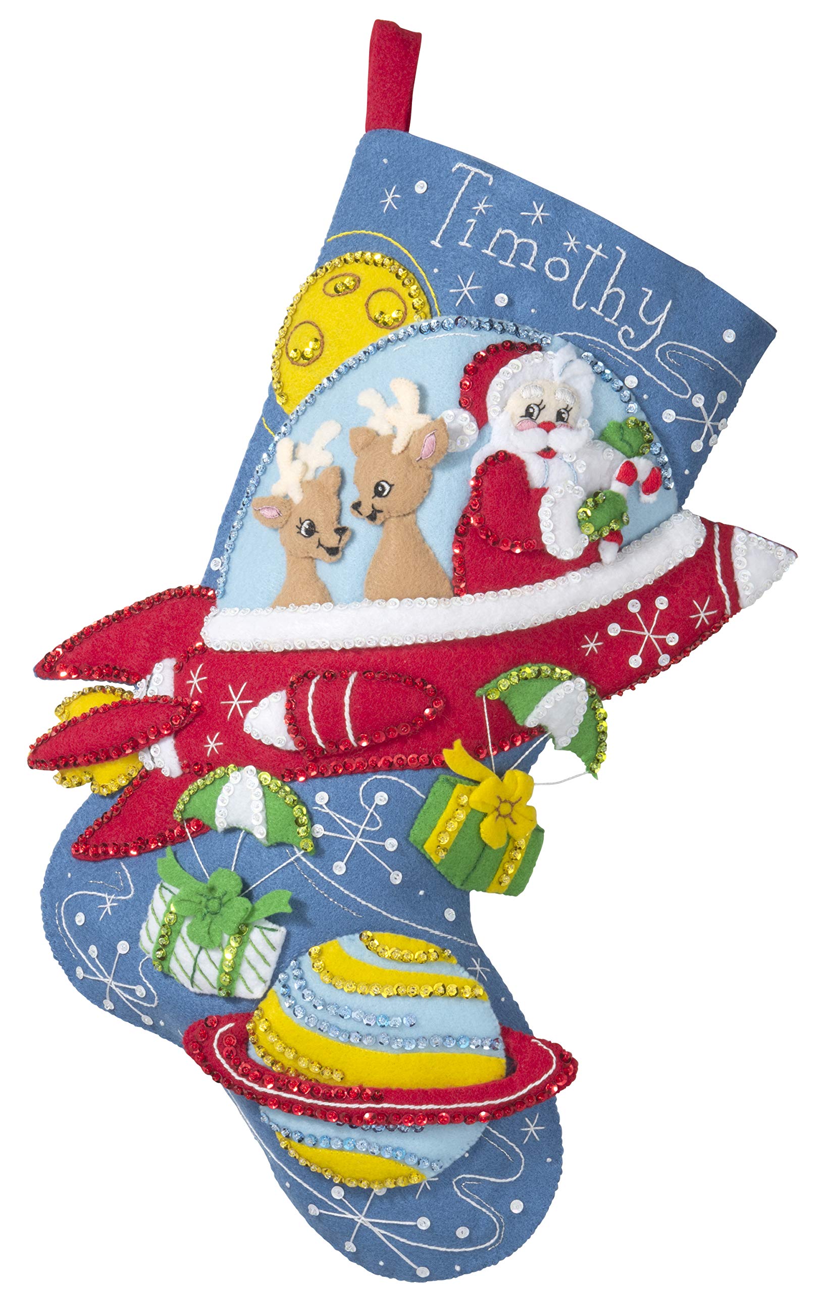 Bucilla Kit de medias navideñas con apliques de fieltro, cohete de Papá Noel, 45,72 cm