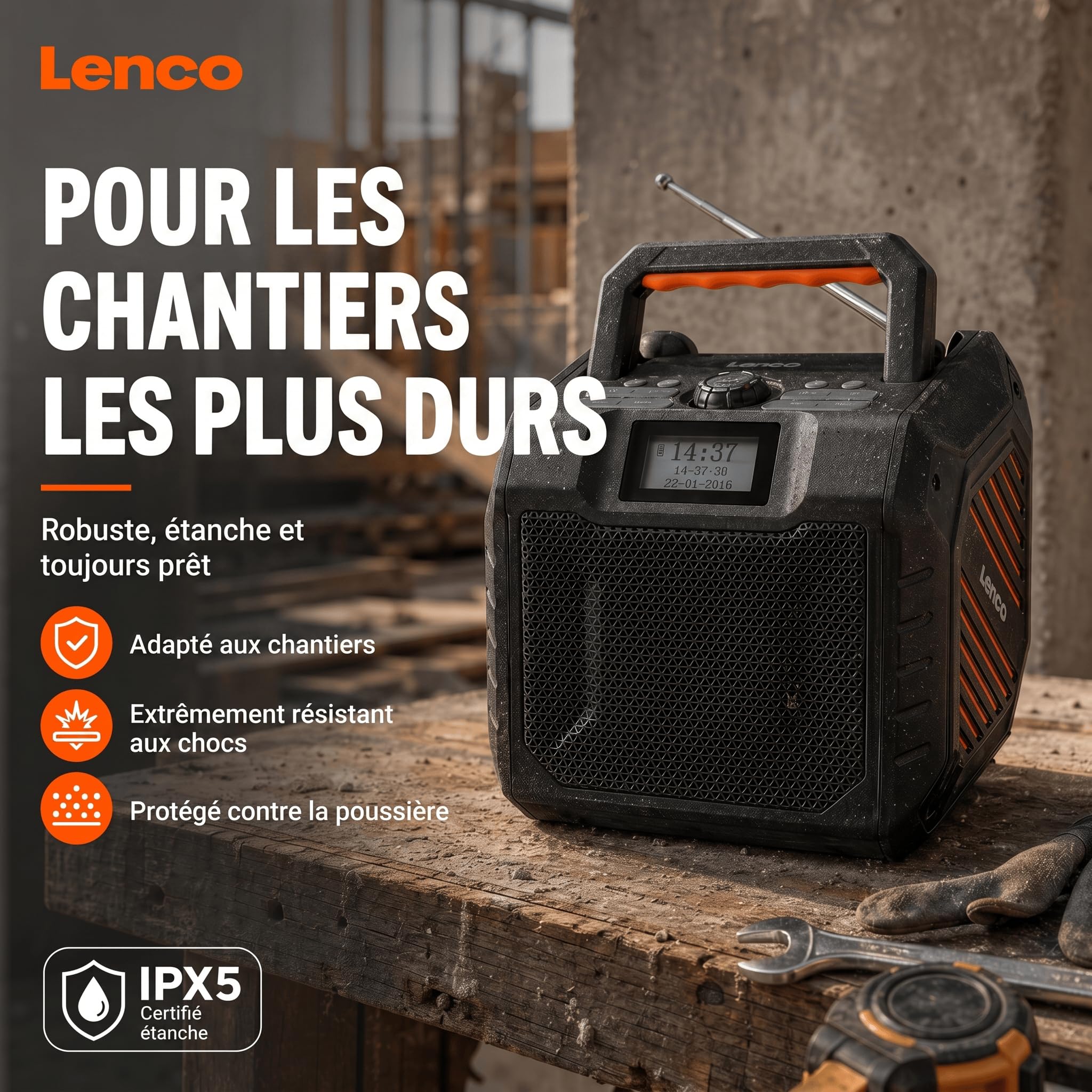 Lenco ODR-160BK Radio Dab+/FM, Haut-Parleur Bluetooth, Antichoc et étanche, Lecteur de Carte SD, AUX-in, 35 W RMS, autonomie de la Batterie 20 Heures, Fonction de Charge USB