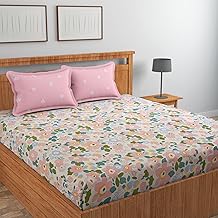 VOMZER 320 TC Cotton Feel All Around Elastic Fitted Floral Bedsheets King Size, Premium Fitted Bedsheets King Size for Double Bed with 2 Pillow Covers, Size- 78 x 72 x 12" Pink