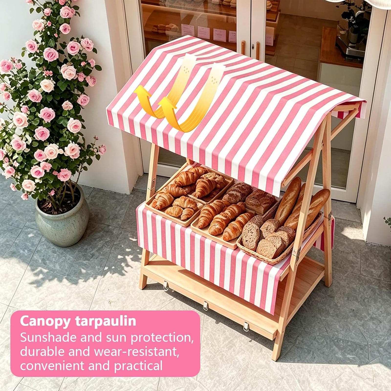 Puesto de Mercado con Toldo, Carrito de Alimentos Portátil, Carrito de Comida callejera de Madera, Carro de Venta Ambulante para Perritos Calientes/Salchichas/Pan,E,L106CM/41.7IN
