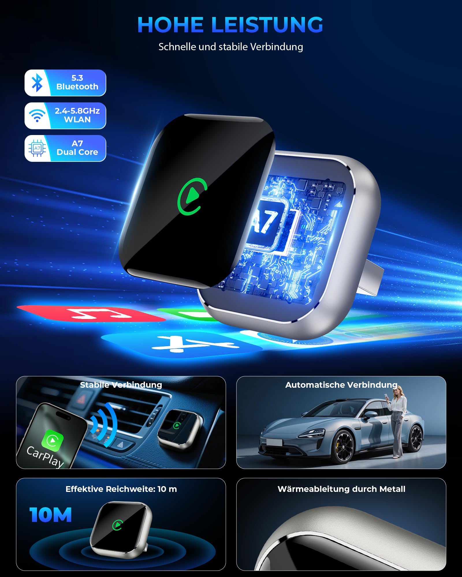 CarPlay Kabelloser Adapter für Apple iPhone – Upgrade von kabelgebundenem CarPlay auf kabelloses Gerät, Mini T-förmig für Autos automatische USB-Wiederverbindung, für Armaturenbrett-Einbau-Videogeräte
