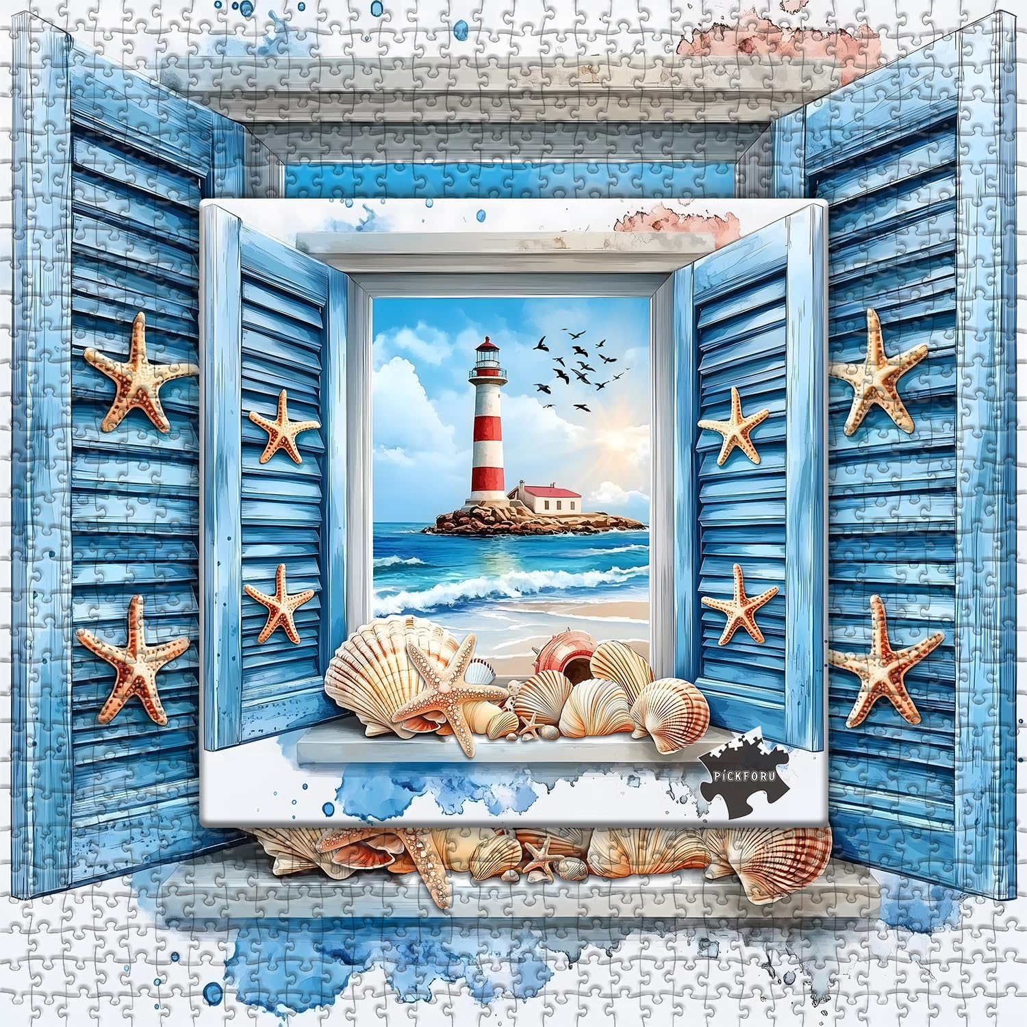 PICKFORU Beach Puzzles for Adults 1000 Pieces, 3D Window Art Lighthouse Puzzles Seashell, Unique Ocean Jigsaw Puzzles 1000 Pieces Painting, Nature Challenge for Adults