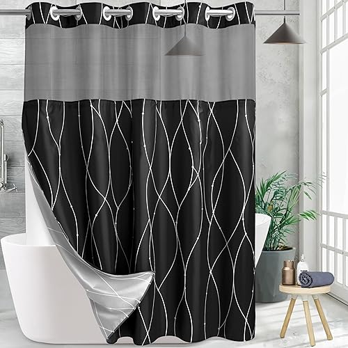 Miniatura 8 de Cortina de ducha de tela a rayas grises y blancas con forro extraíble para bañeras de baño, juego de cortina de ducha de hotel y forro con ventana