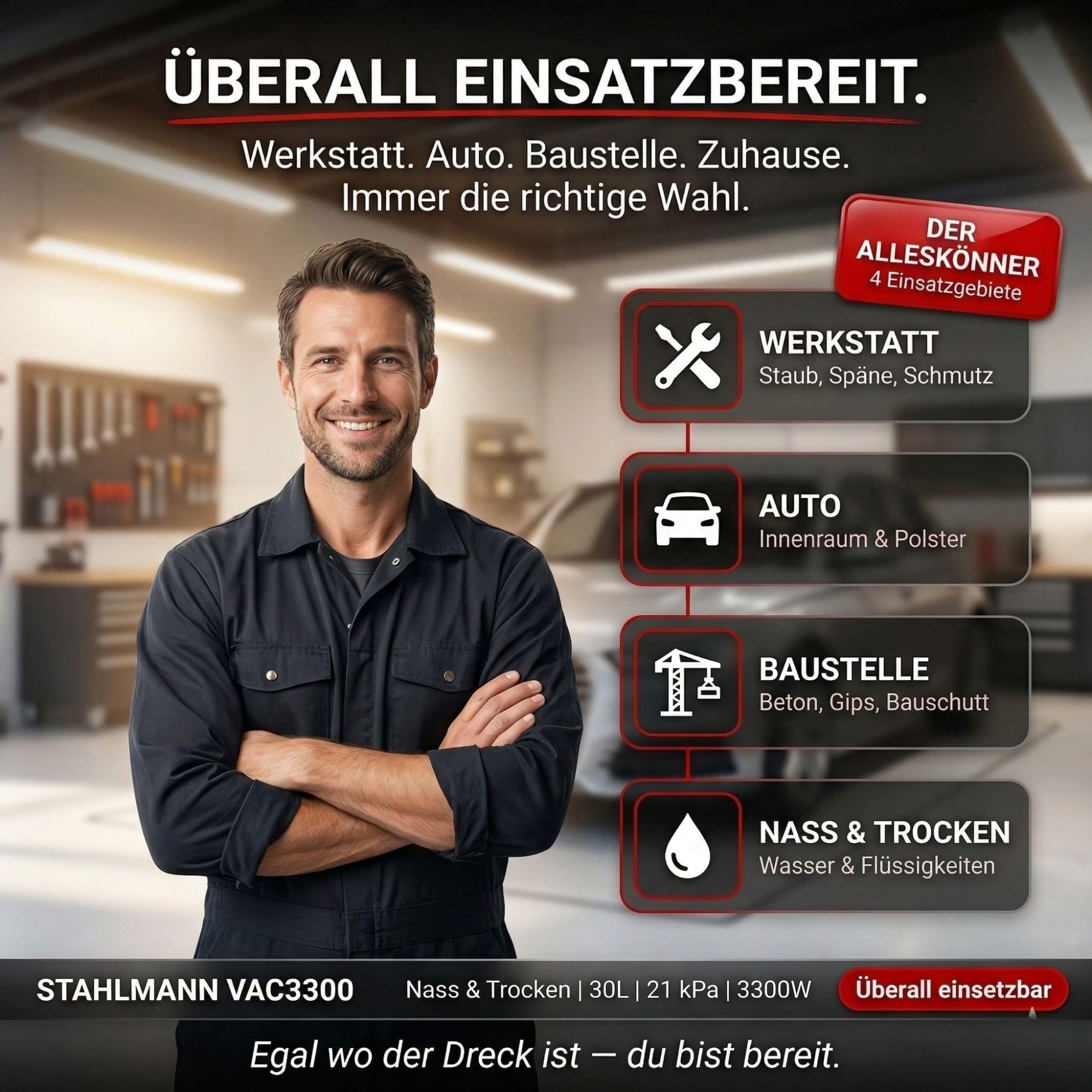 STAHLMANN VAC3300 Industriestaubsauger 3300W | Steckdose mit Automatik (2000W) | Blasfunktion | 21kPa Saugleistung | Nass- & Trockensauger 30L | Werkstattsauger ohne Beutel | Baustellen-Sauger