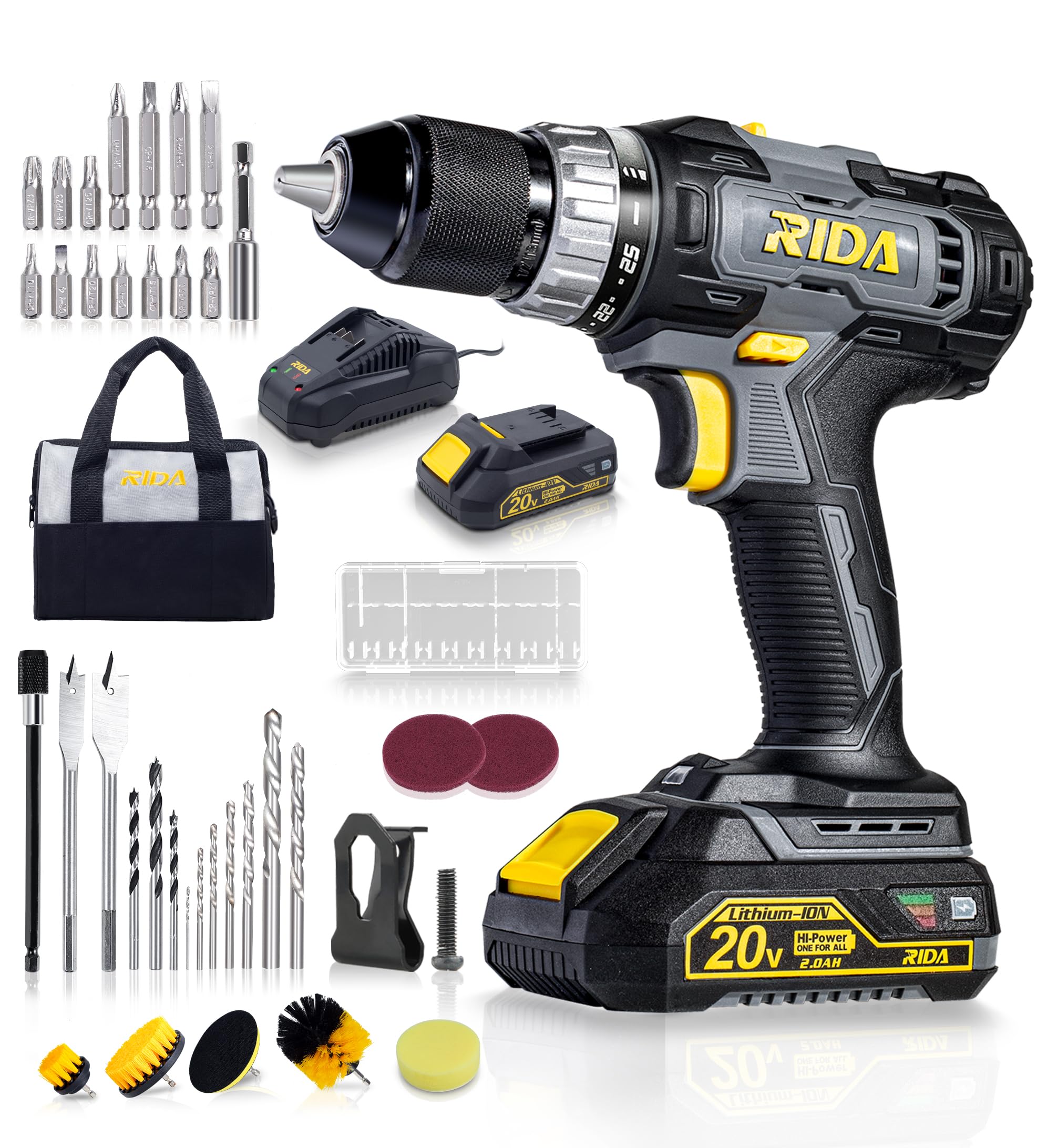 RIDA 20V Cordless Drill, 2 * 2.0AH Battery & Charger Power Drill Kit, 1/2'' Keyless Chuck, 25+1 Torque Setting, Variable Speed, 37Pcs Drill Bits & Cleaning Brush with Carry Bag