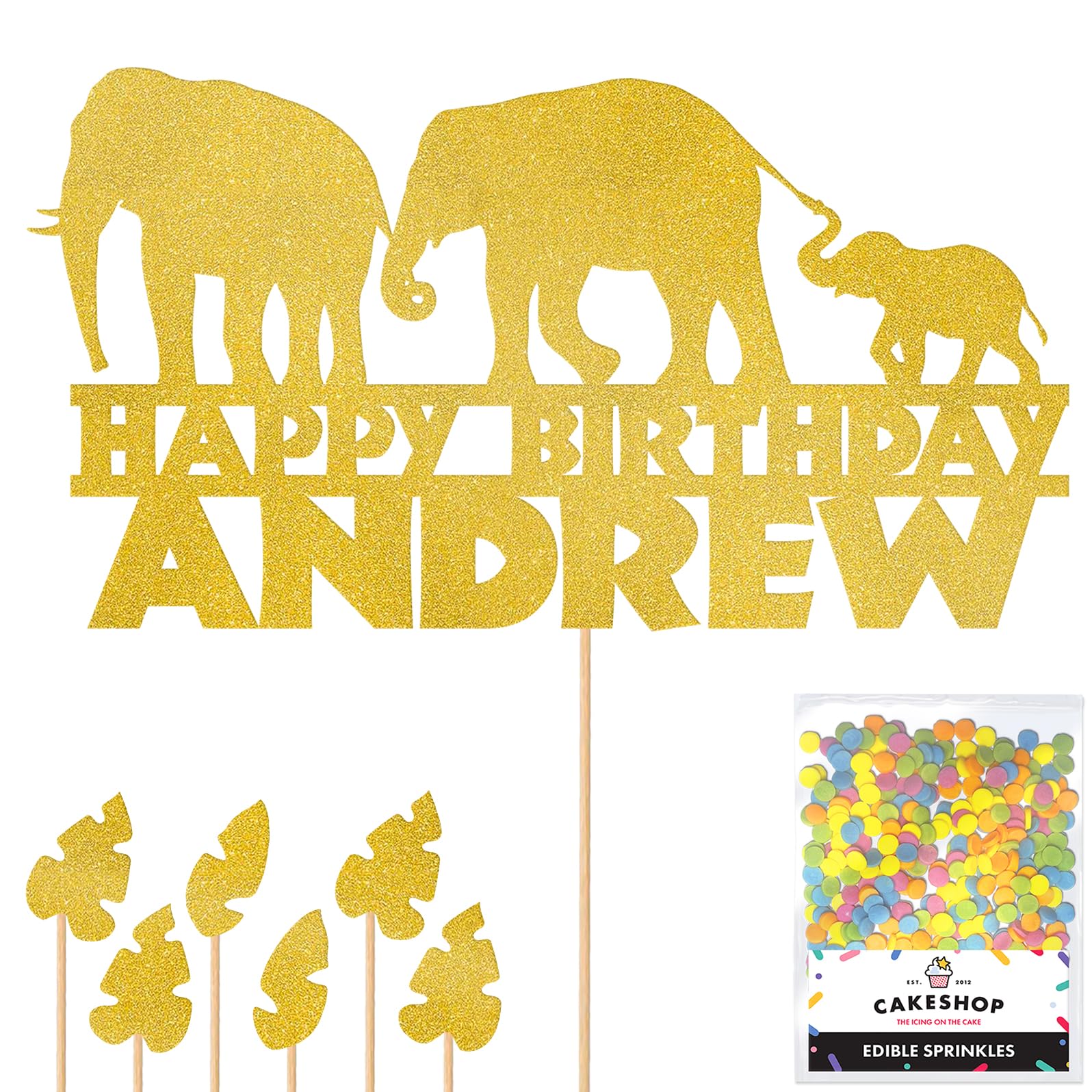 Personalised Jungle Elephant Glitter Cake Topper- Gold Any Custom Age & Name Glitter Cake Decoration and Sprinkles - Happy Birthday Decorations - Personalised Toppers for Cakes by Cakeshop — image 1