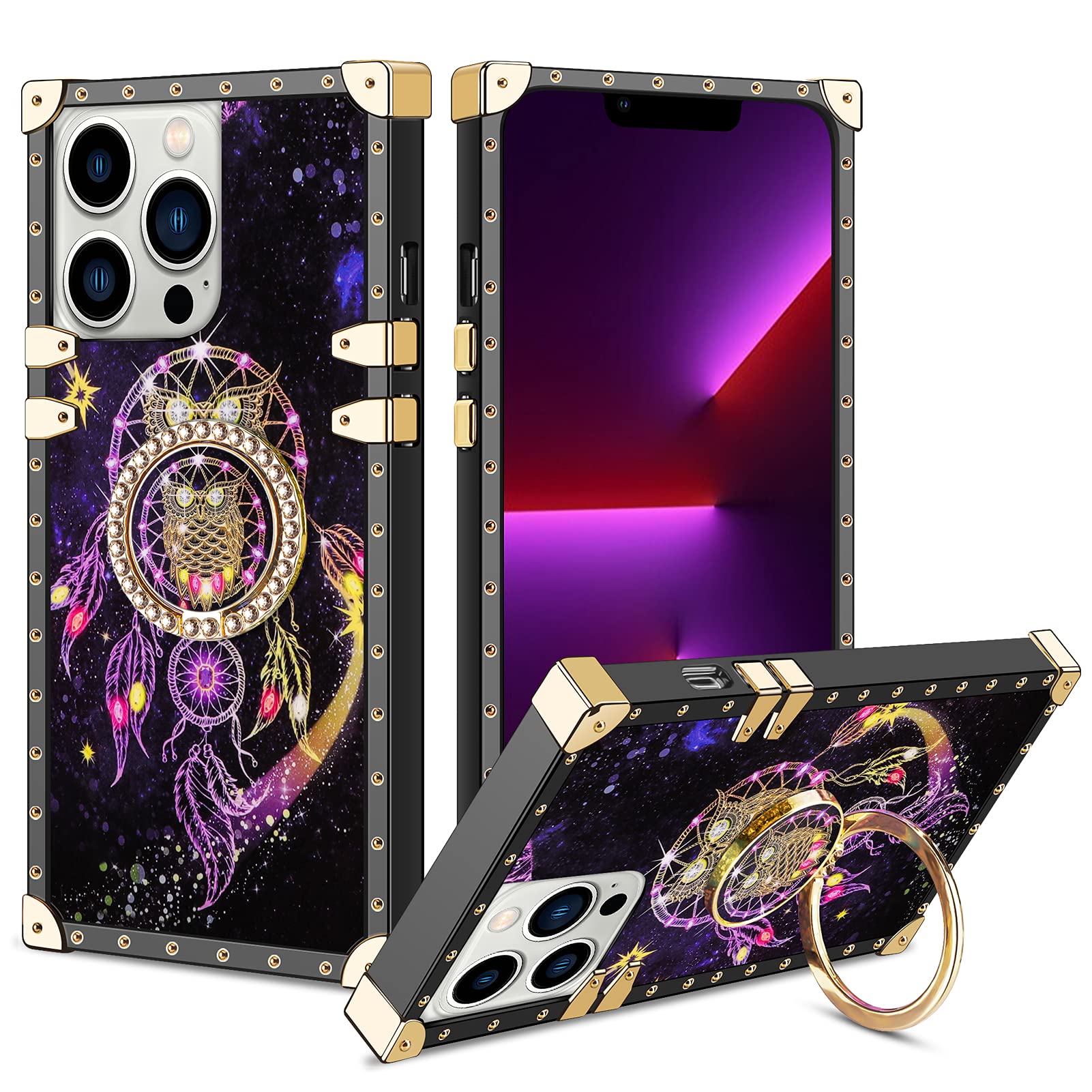 VUNAKE Compatible with iPhone 13 Pro Max Case with Ring Holder Magnetic Car Mount Ring Case Retro Luxury Square Phone Case for Women Girls Shockproof Protective Case Cover for iPhone 13 Pro Max