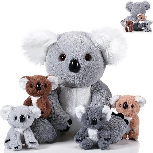 Lenwen Juego de 5 piezas de oso koala de peluche de 12.6 pulgadas con 4 lindos bebés en su barriga con cremallera, suave peluche de koala para