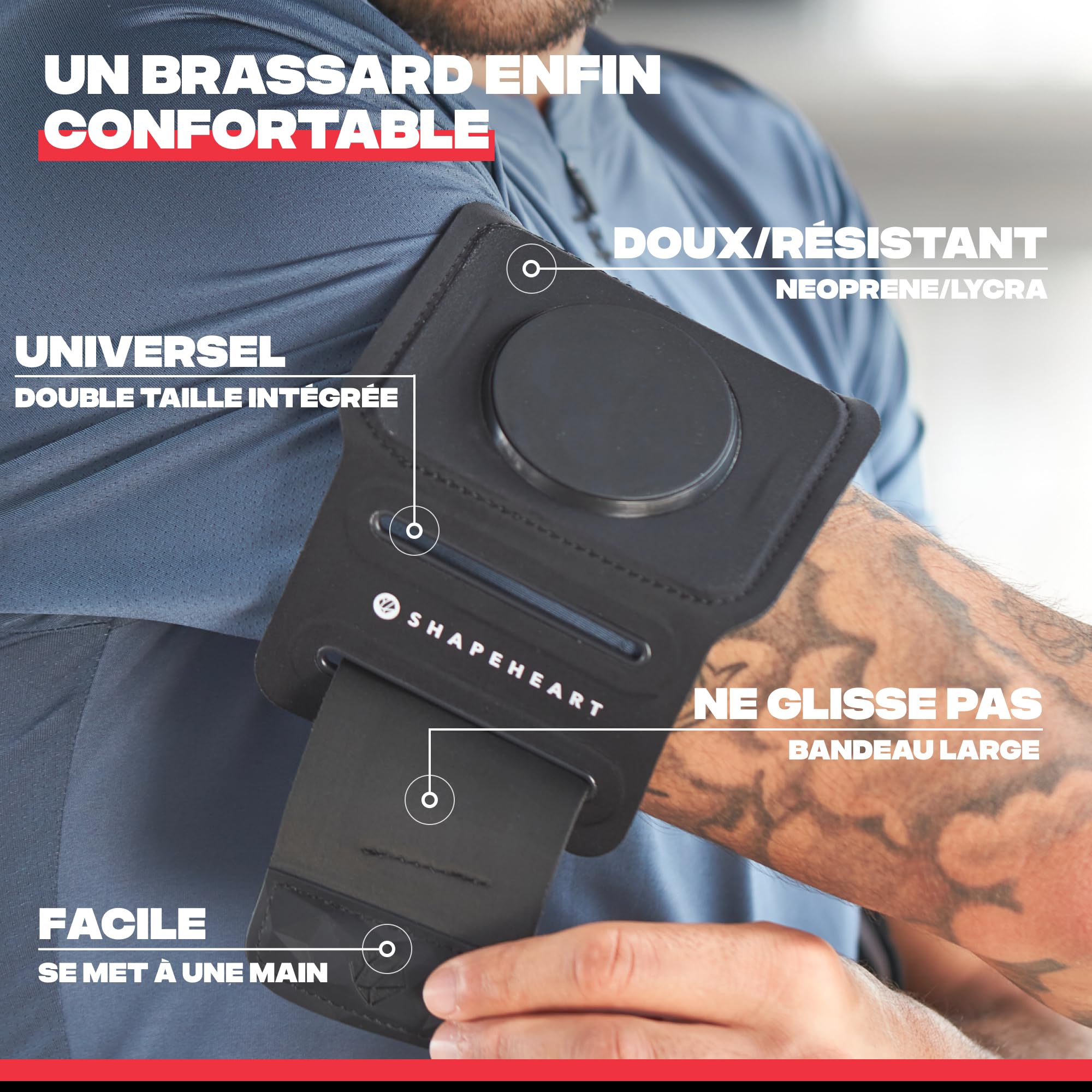 Shapeheart Brassard Téléphone Sport Magnétique - Pochette Résistante Pluie Détachable XL - Running, Trail, Randonnée - Maintien Optimal - Bras 20 à 38 cm, Universel | Tous Smartphones | Ajustable | Unisexe | Weatherproof | Tactile | Clap et Retrait 1 Gest