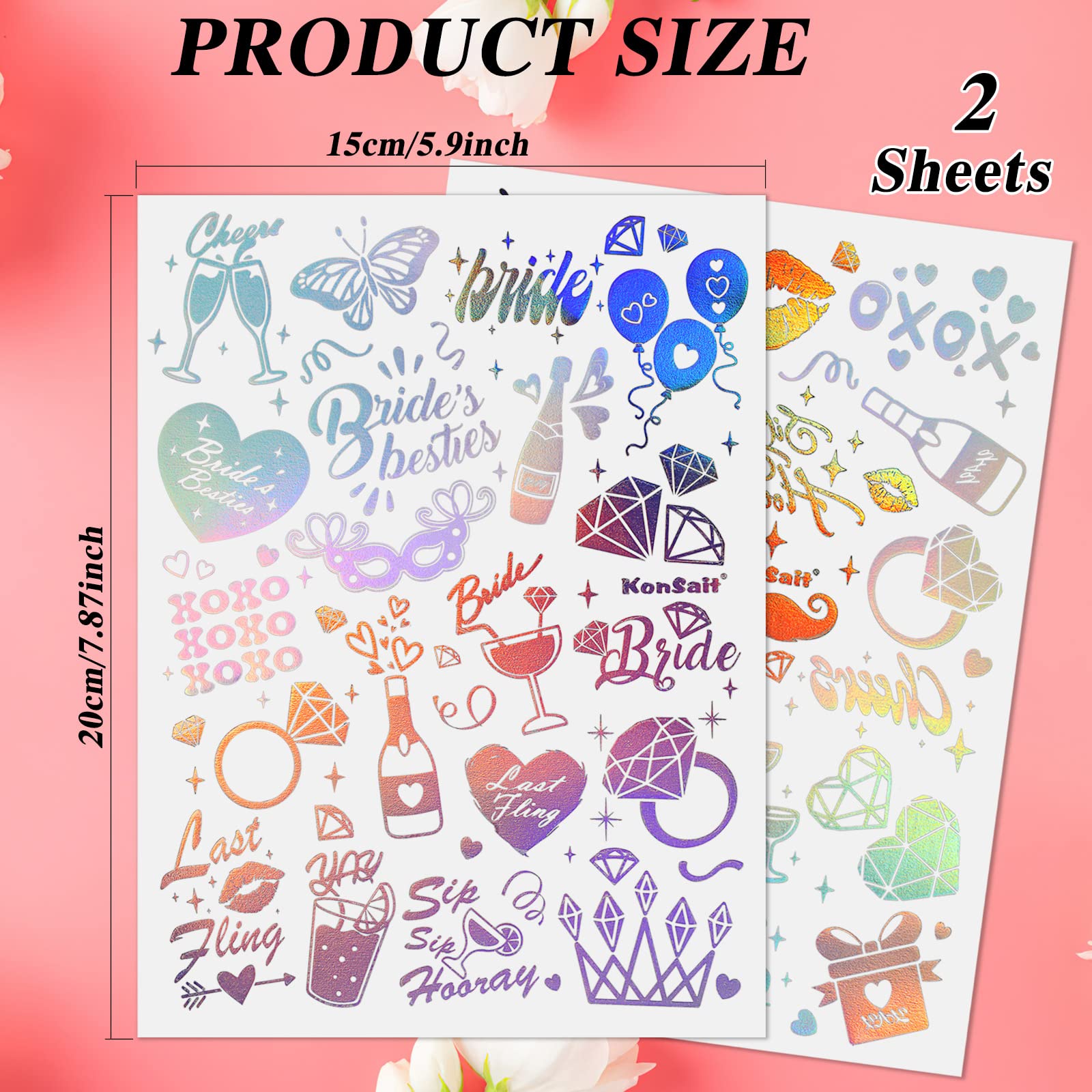 Konsait Bachelorette Temporary Tattoos,40 Pcs Iridescent Styles Bachelorette Party Decoration Bride to be party Favor Bridesmaid Favor Gift for Girls Women Bridal Shower Supplies - Image 2