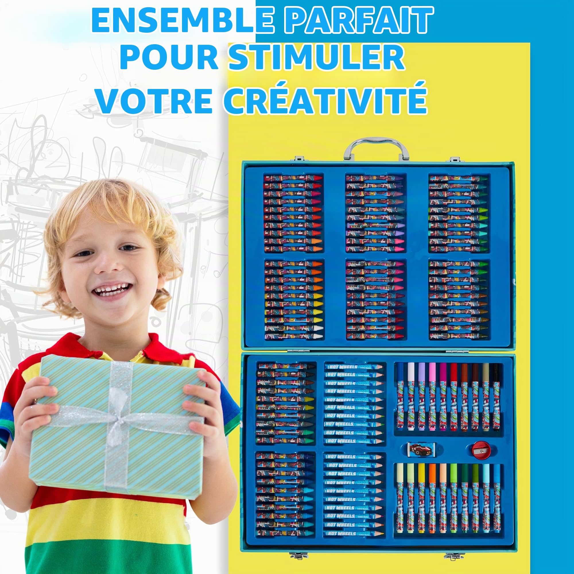 Malette Coloriage Enfant Hot Wheels Coffret Créatif Enfant 130+ Pièces – Kit Dessin, Coloriage, Feutres Lavables, Crayons De Cire, Stickers & Boîte De Rangement