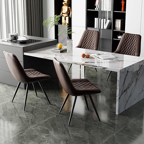 Miniatura 6 de Juego de 4 sillas de comedor, modernas sillas de piel sintética sin brazos, asiento tapizado con respaldo alto y patas de metal resistentes para