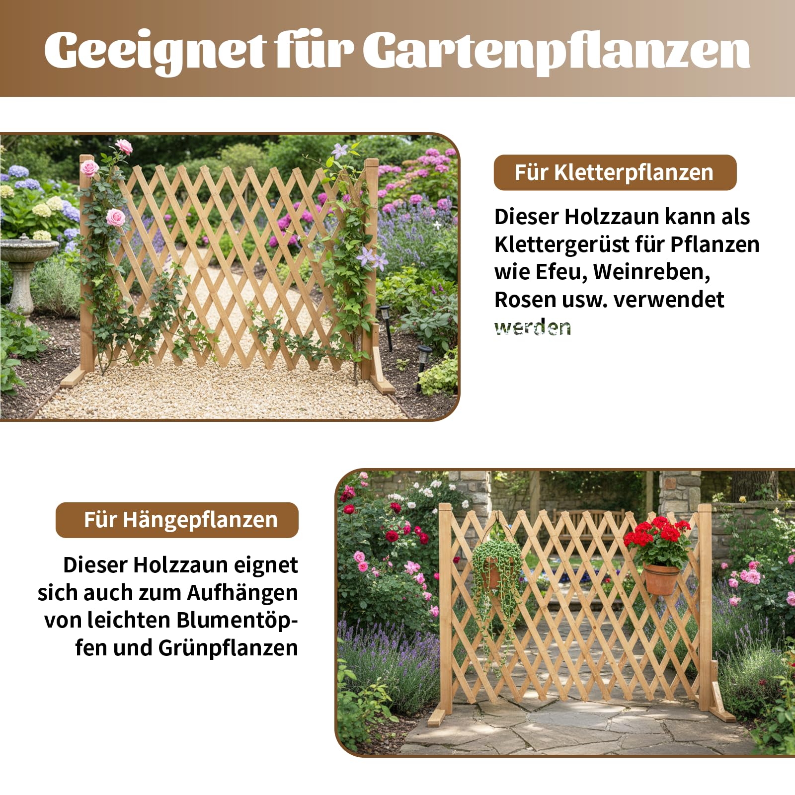 MYOYAY 2 Stück Ausziehbar Holz Rankgitter, Verstellbar Zaun für Hunde 70CM Hoch, Holzzaun Garten Freistehend Dekorativer Gartenzaun (24-160cm) für Pflanzen Haustiere Garten Balkon - Naturholzfarbe