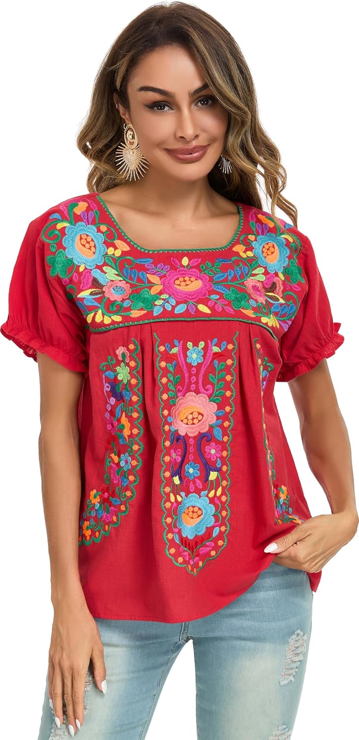 YZXDORWJ Embroidered Mexican Top for Women Peasant Blouse Mexico Summer Shirt Short Sleeve