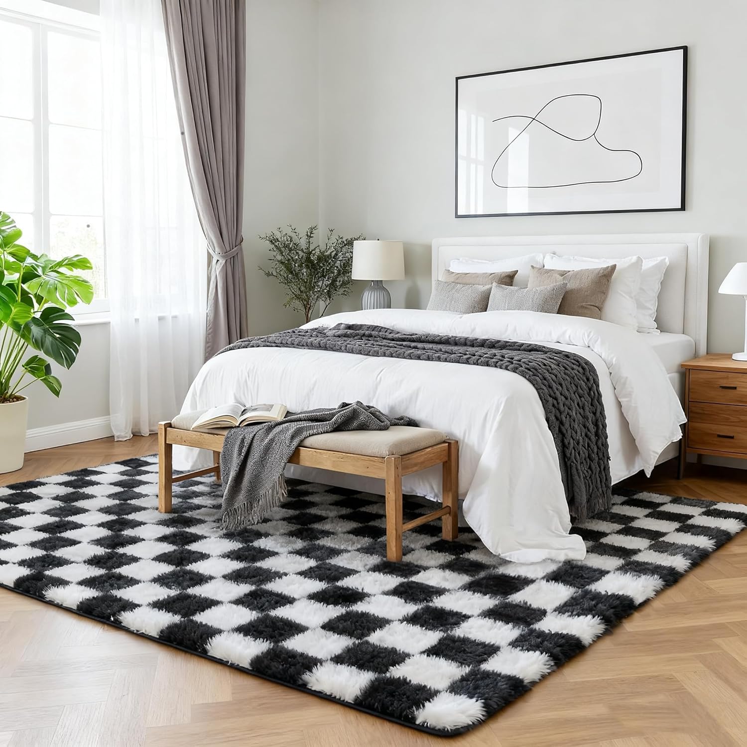 Andency 5x7 Ft Black and White Area Rug for Living Room Classic Checkered Shaggy Rug Non-Slip High Pile Soft Fluffy Rug Fuzzy Carpet Bedroom Kids Toddler Room Nursery Playroom Bedroom